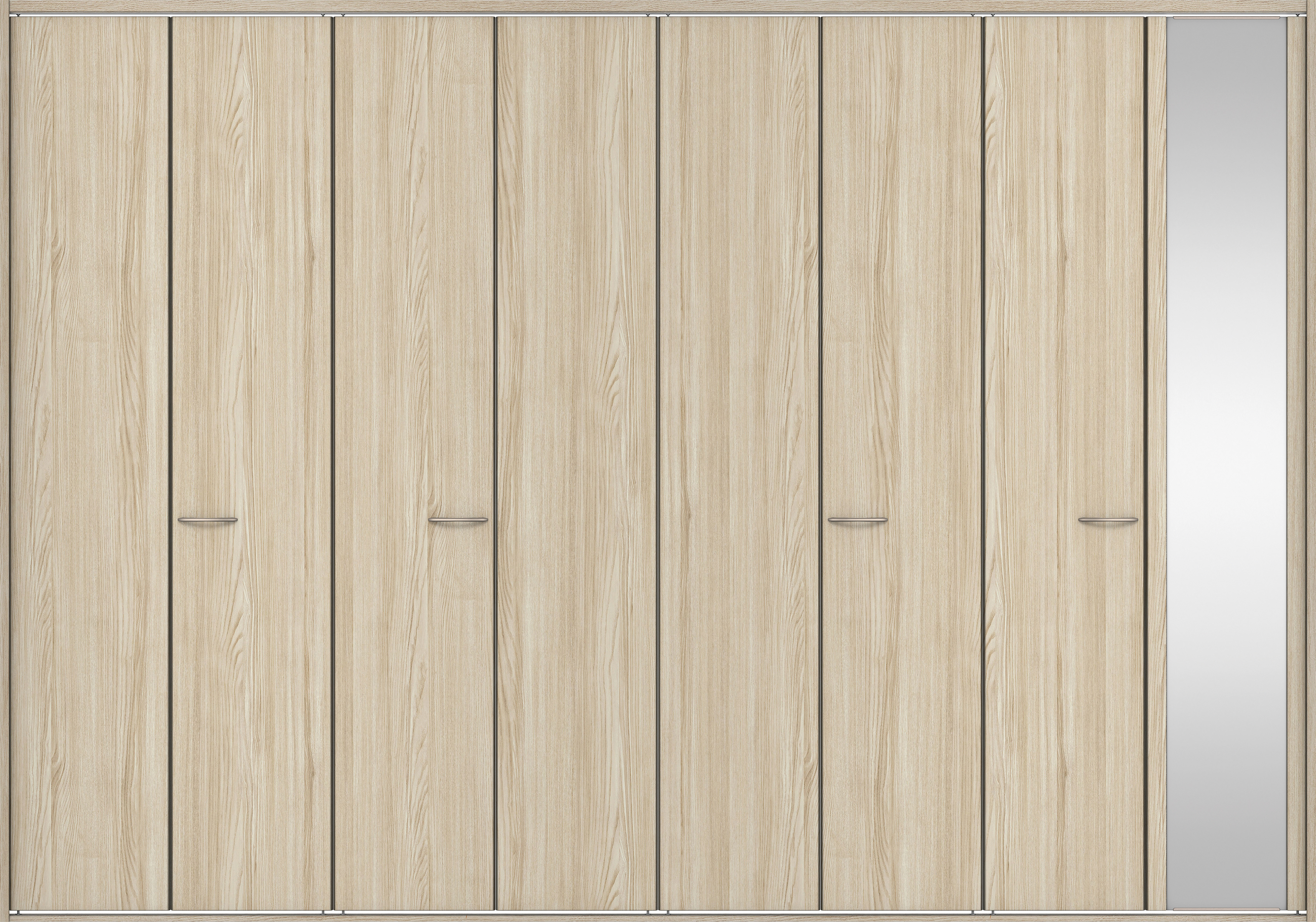 クローク収納　イエリア　折戸ユニット　フラット縦木目タイプ　ミラー扉　四方枠（固定枠）　セット　３６０７幅（４Ｍ間口）　２３３０高　〈ソフトグレージュ柄〉　ハンドルラウンド型〈Ｔシルバー色〉