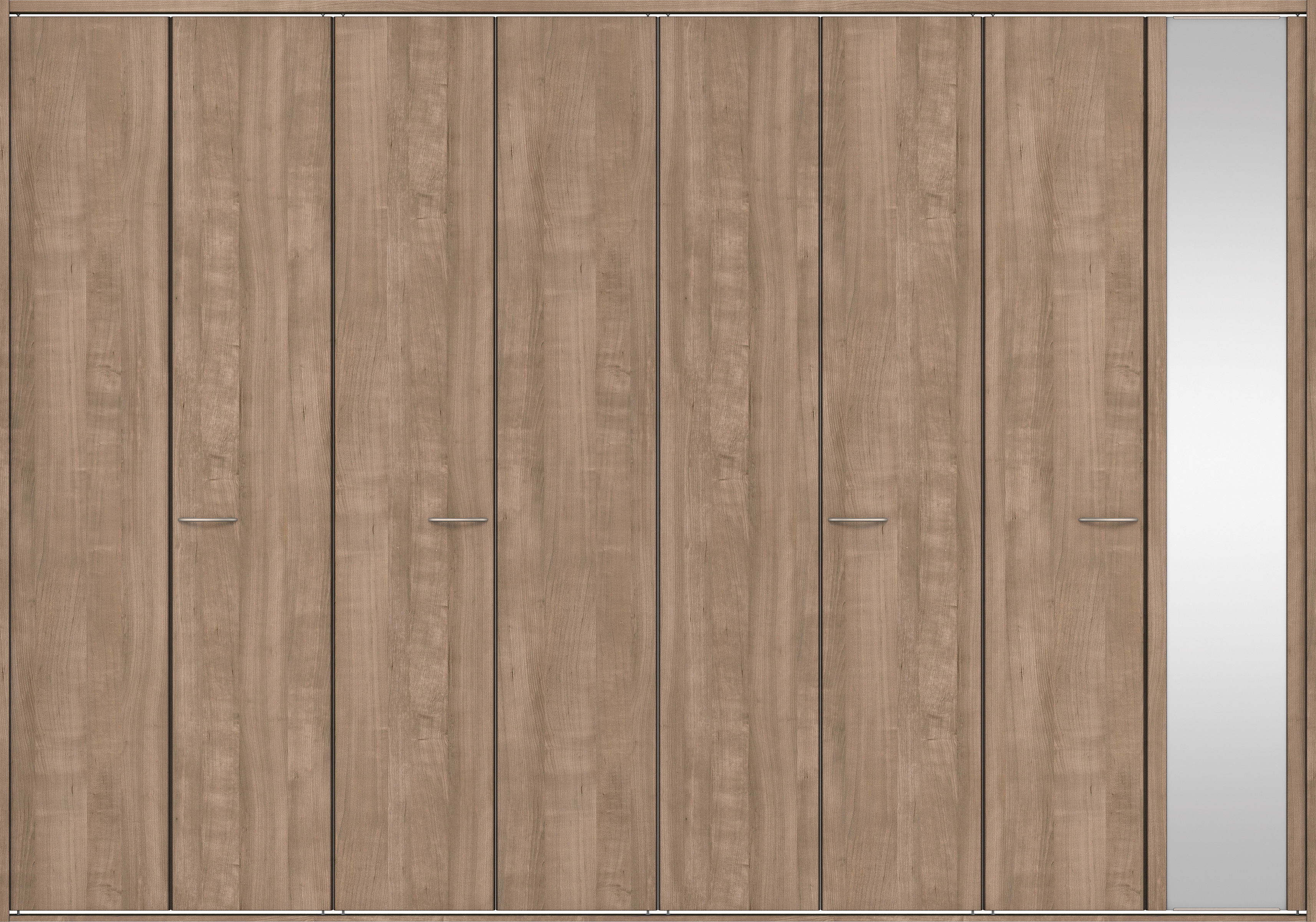 クローク収納　イエリア　折戸ユニット　フラット縦木目タイプ　ミラー扉　四方枠（固定枠）　セット　３３２７幅（１２尺間口）　２３３０高　〈トープグレー柄〉　ハンドルラウンド型〈Ｔシルバー色〉