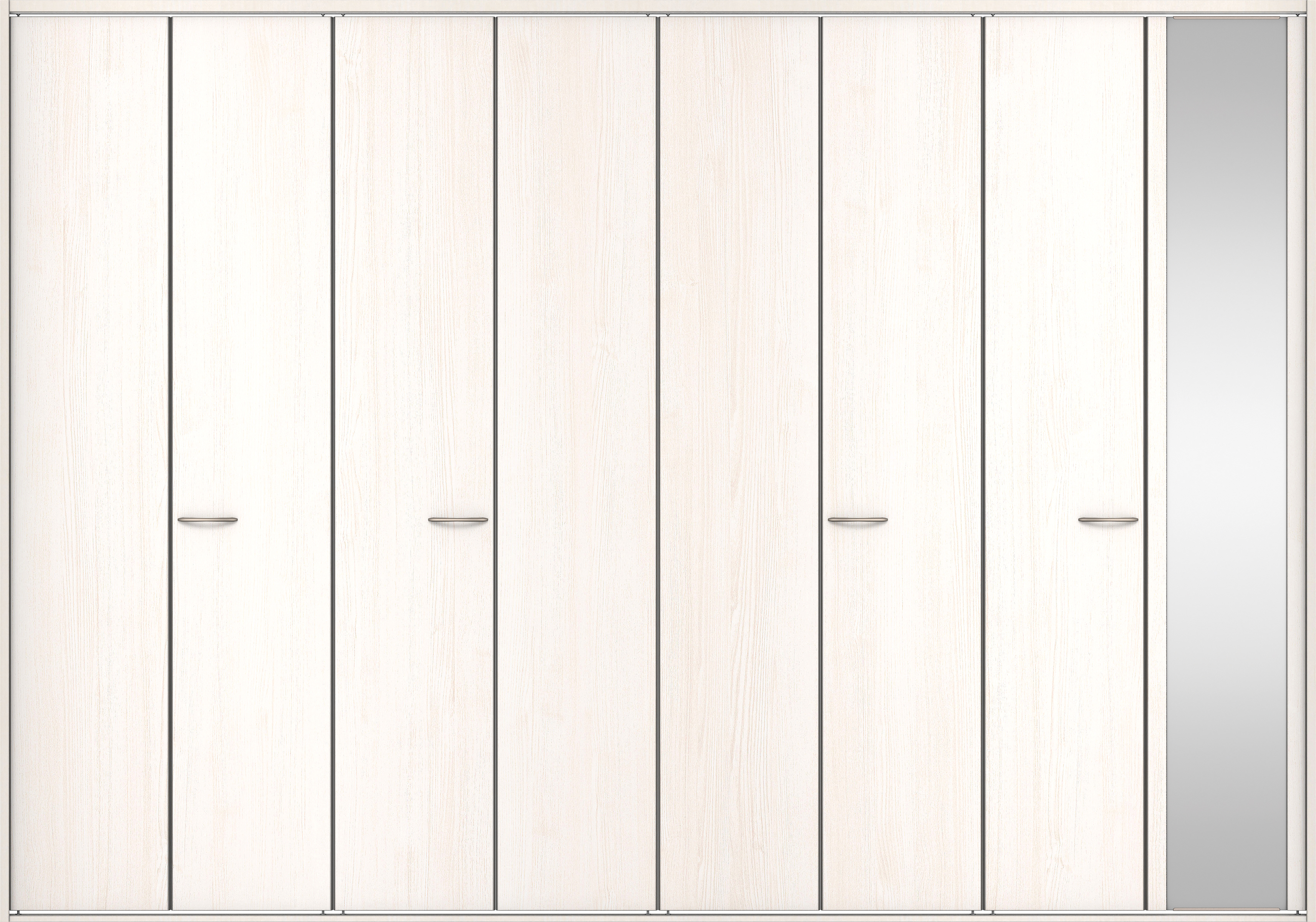 クローク収納　イエリア　折戸ユニット　フラット縦木目タイプ　ミラー扉　四方枠（固定枠）　セット　３６０７幅（４Ｍ間口）　２３３０高　〈ネオホワイト柄〉　ハンドルラウンド型〈Ｔシルバー色〉