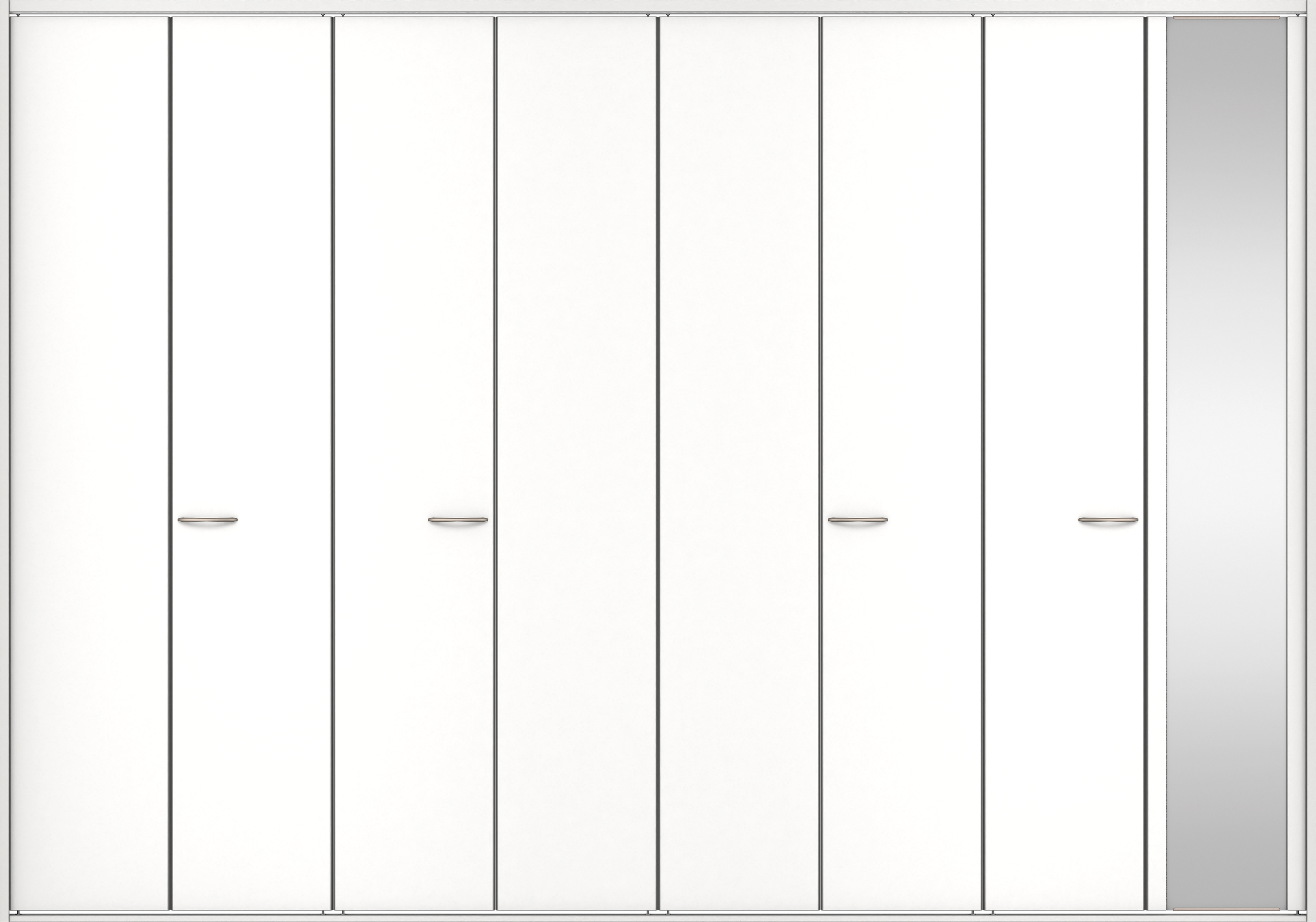 クローク収納　イエリア　折戸ユニット　フラット縦木目タイプ　ミラー扉　四方枠（固定枠）　セット　３３２７幅（１２尺間口）　２３３０高　〈パウダーホワイト柄〉　ハンドルラウンド型〈Ｔシルバー色〉
