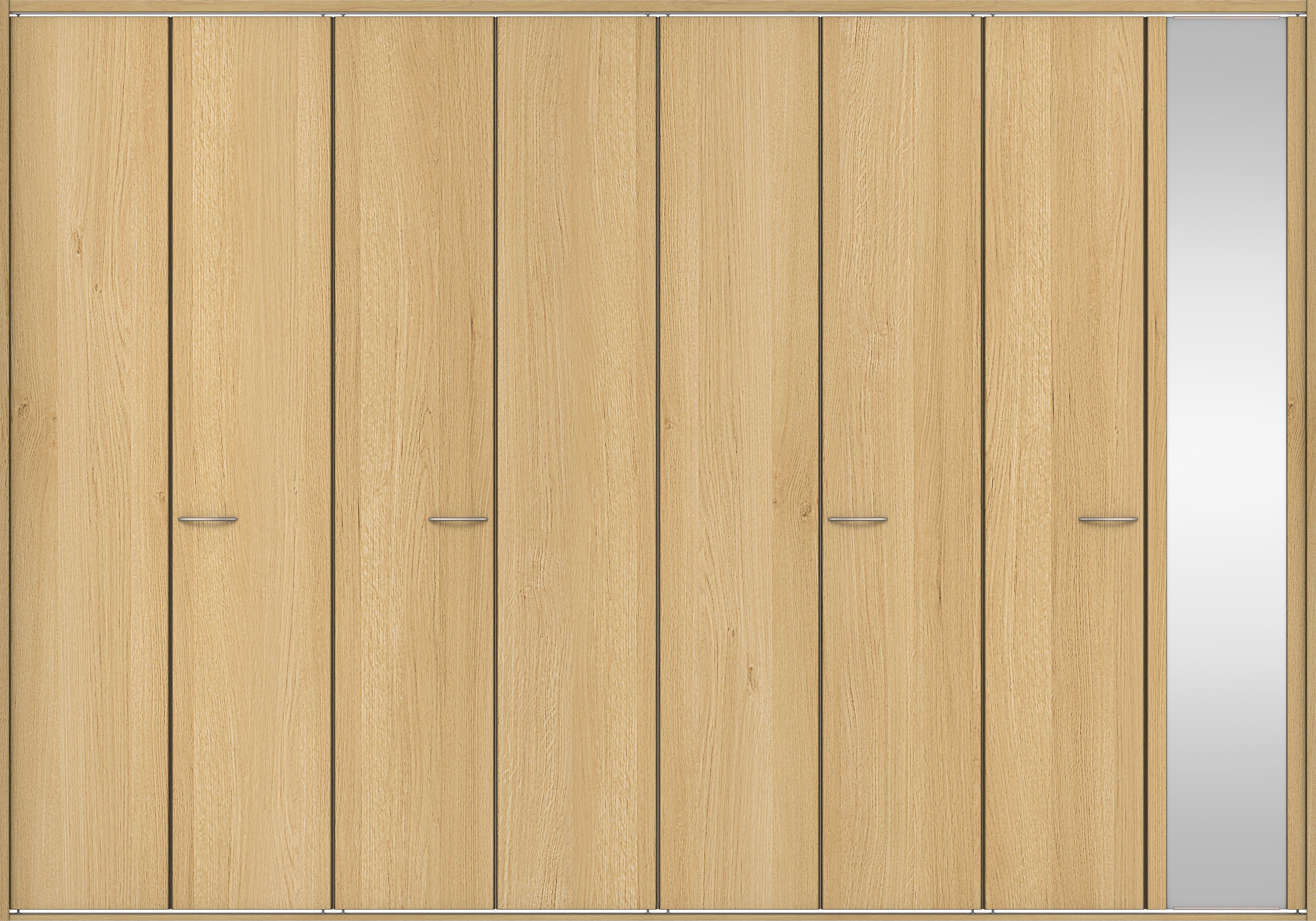 クローク収納　イエリア　折戸ユニット　フラット縦木目タイプ　ミラー扉　四方枠（固定枠）　セット　３３２７幅（１２尺間口）　２３３０高　〈ライトオーカー柄〉　ハンドルラウンド型〈Ｔシルバー色〉