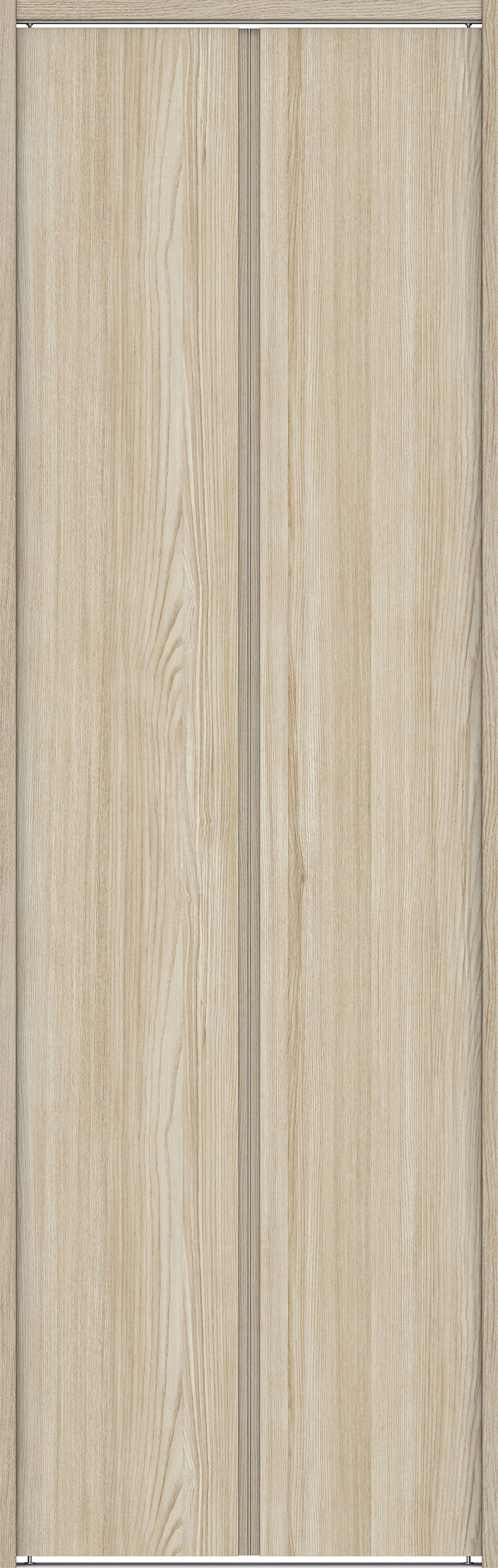 クローク収納　イエリア　折戸ユニット　ハンドルレス縦木目タイプ　ウッド扉　下レール付三方枠（固定枠）　セット　８２０幅（１Ｍ間口）　２３２０高　〈ソフトグレージュ柄〉　ハンドルレス