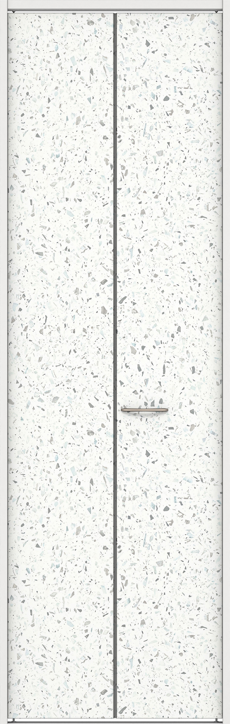 クローク収納　イエリア　折戸ユニット　フラット　パネル扉　下レール付三方枠（固定枠）　セット　７３５幅（３尺間口）　２３２０高　〈テラゾホワイト柄〉　ハンドルラウンド型〈Ｔシルバー色〉　抗ウイルス