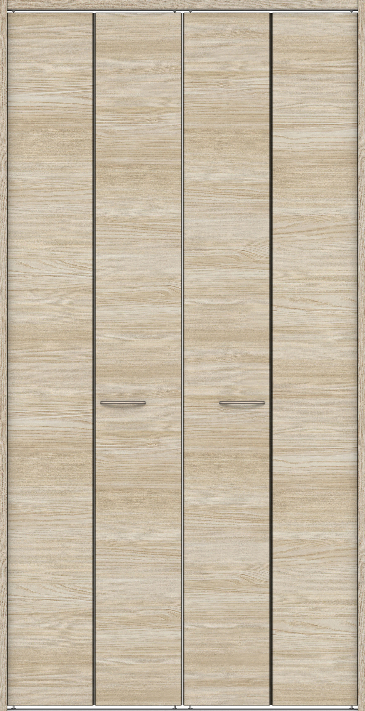 クローク収納　イエリア　折戸ユニット　フラット横木目　ウッド扉　下レール付三方枠（固定枠）　セット　１３２０幅（１．５Ｍ間口）　２３２０高　〈ソフトグレージュ柄〉　ハンドルラウンド型〈Ｔシルバー色〉