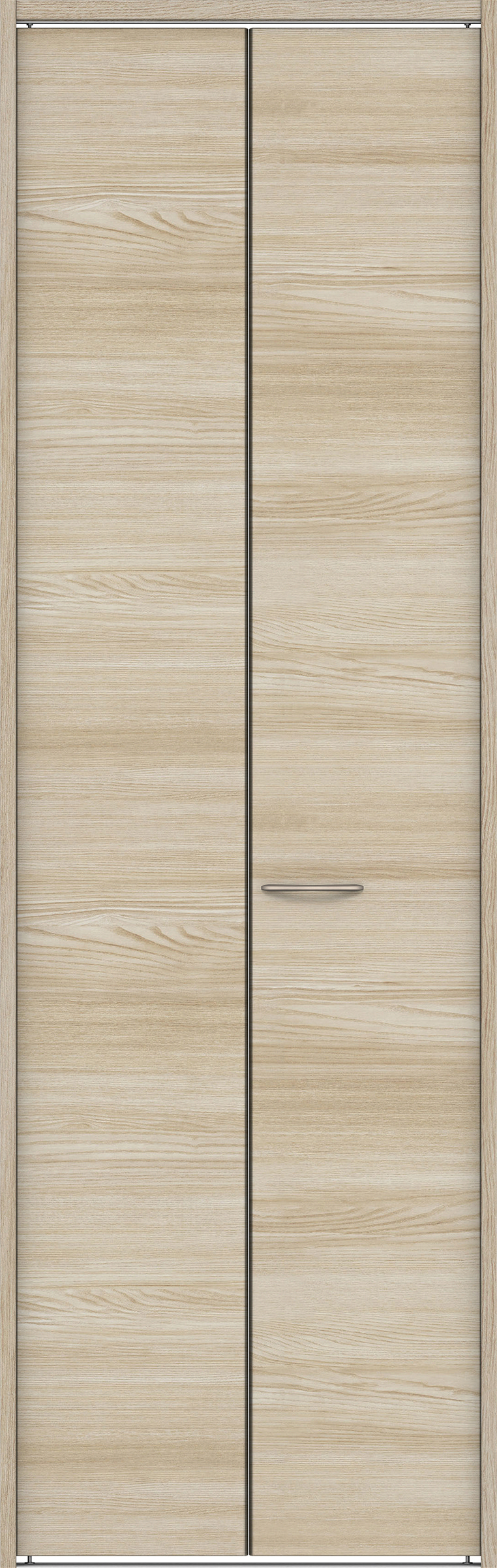 クローク収納　イエリア　折戸ユニット　フラット横木目タイプ　ウッド扉　下レール付三方枠（固定枠）　セット　７３５幅（３尺間口）　２３２０高　〈ソフトグレージュ柄〉　ハンドルラウンド型〈Ｔシルバー色〉