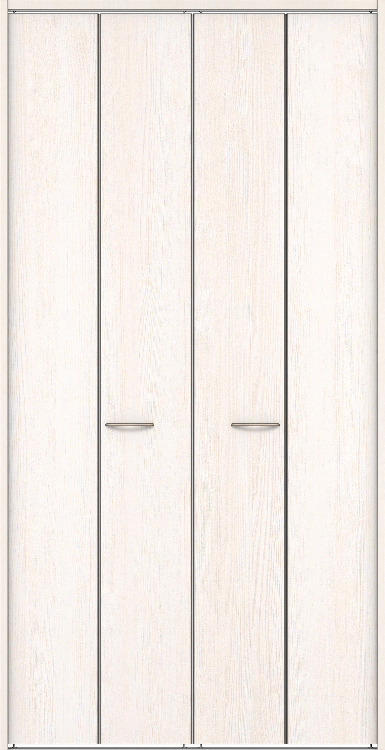 クローク収納　イエリア　折戸ユニット　フラット縦木目タイプ　ウッド扉　下レール付三方枠（固定枠）　セット　１１９０幅（４．５尺間口）　２３２０高　〈ネオホワイト柄〉　ハンドルラウンド型〈Ｔシルバー色〉