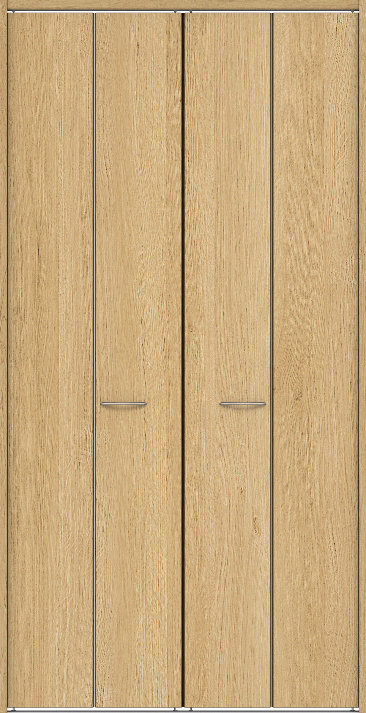 クローク収納　イエリア　折戸ユニット　フラット縦木目　ウッド扉　下レール付三方枠（固定枠）　セット　１３２０幅（１．５Ｍ間口）　２３２０高　〈ライトオーカー柄〉　ハンドルラウンド型〈Ｔシルバー色〉