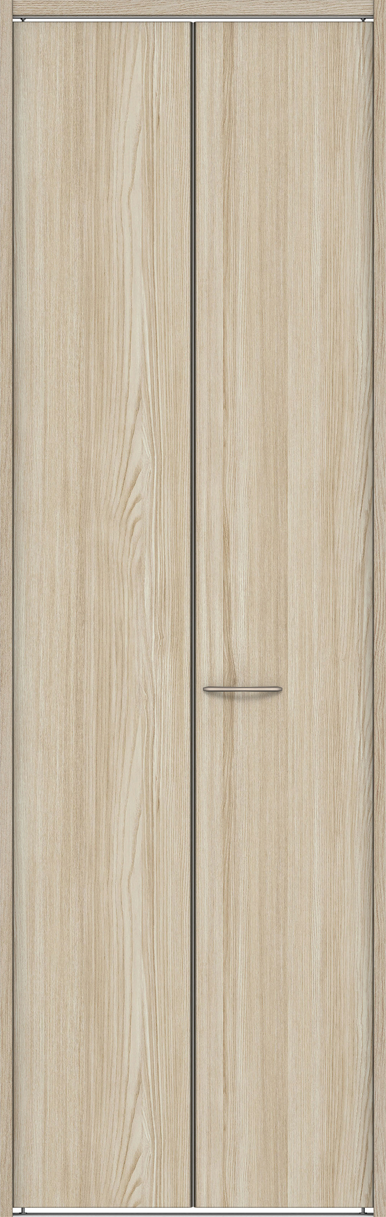 クローク収納　イエリア　折戸ユニット　フラット縦木目タイプ　ウッド扉　下レール付三方枠（固定枠）　セット　８２０幅（１Ｍ間口）　２３２０高　〈ソフトグレージュ柄〉　ハンドルラウンド型〈Ｔシルバー色〉