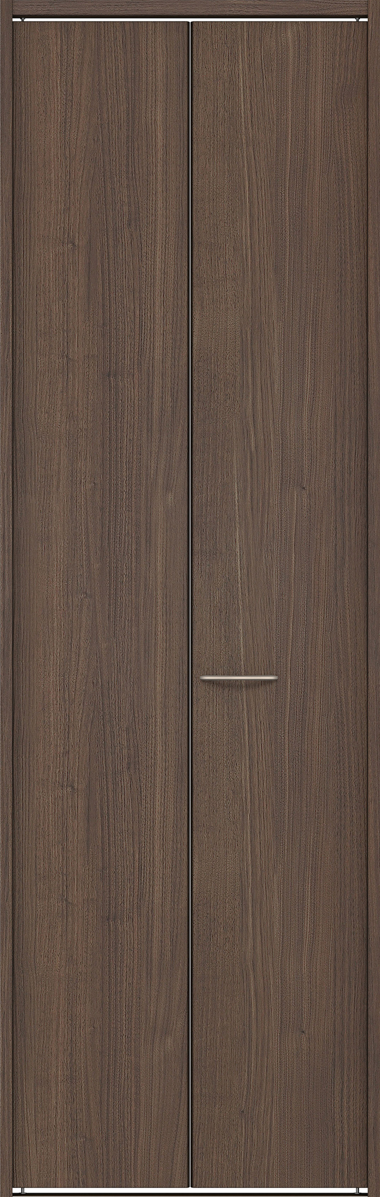 クローク収納　イエリア　折戸ユニット　フラット縦木目タイプ　ウッド扉　下レール付三方枠（固定枠）　セット　７３５幅（３尺間口）　２３２０高　〈ダルブラウン柄〉　ハンドルラウンド型〈Ｔシルバー色〉