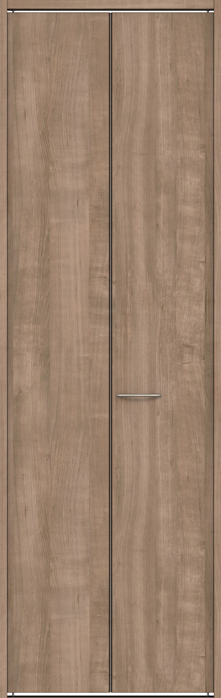 クローク収納　イエリア　折戸ユニット　フラット縦木目タイプ　ウッド扉　下レール付三方枠（固定枠）　セット　８２０幅（１Ｍ間口）　２３２０高　〈トープグレー柄〉　ハンドルラウンド型〈Ｔシルバー色〉