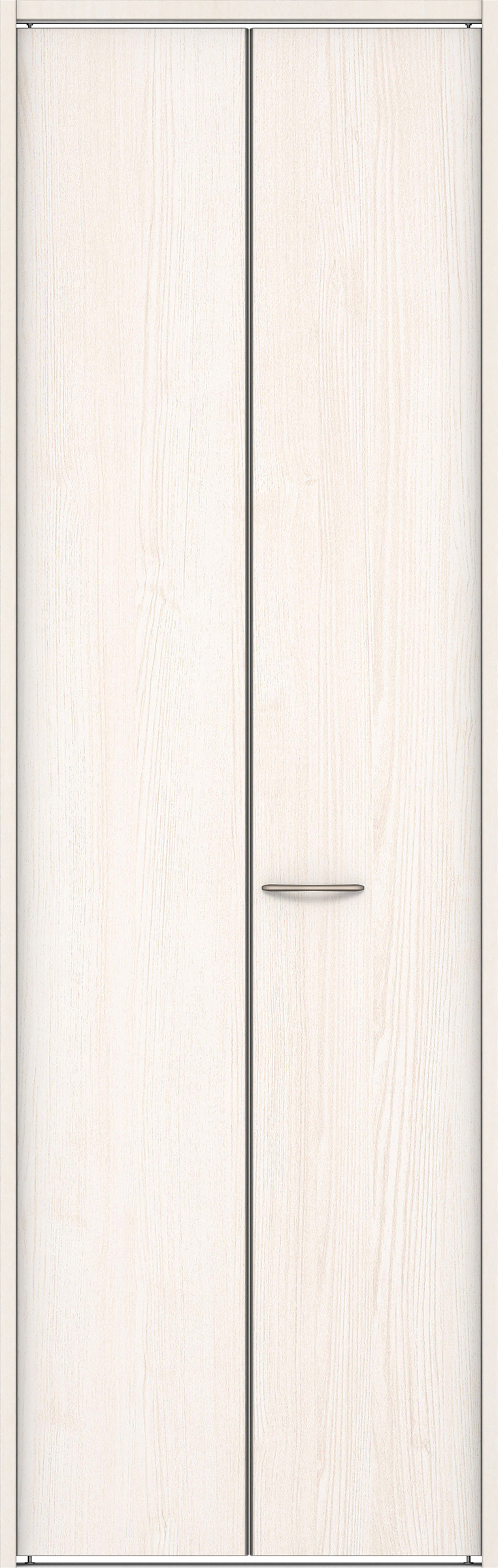 クローク収納　イエリア　折戸ユニット　フラット縦木目タイプ　ウッド扉　下レール付三方枠（固定枠）　セット　７３５幅（３尺間口）　２３２０高　〈ネオホワイト柄〉　ハンドルラウンド型〈Ｔシルバー色〉