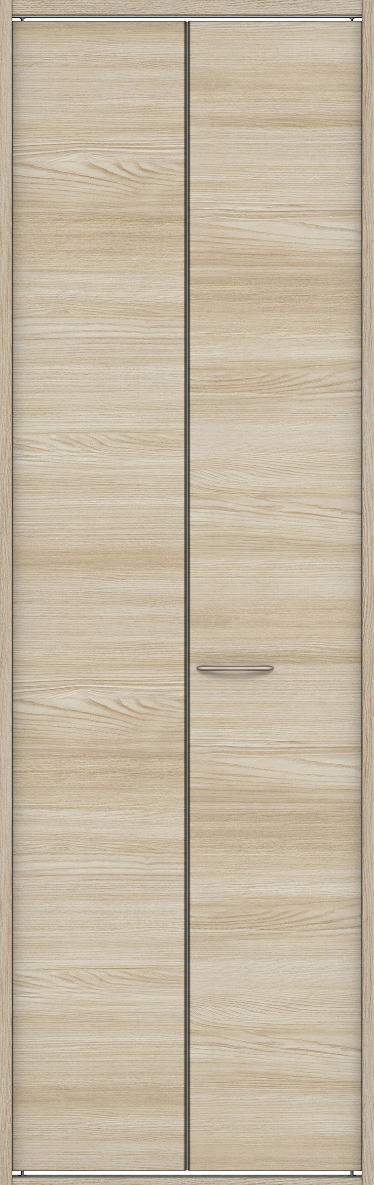 クローク収納　イエリア　折戸ユニット　フラット横木目タイプ　ウッド扉　四方枠（固定枠）　セット　８２０幅（１Ｍ間口）　２３３０高　〈ソフトグレージュ柄〉　ハンドルラウンド型〈Ｔシルバー色〉