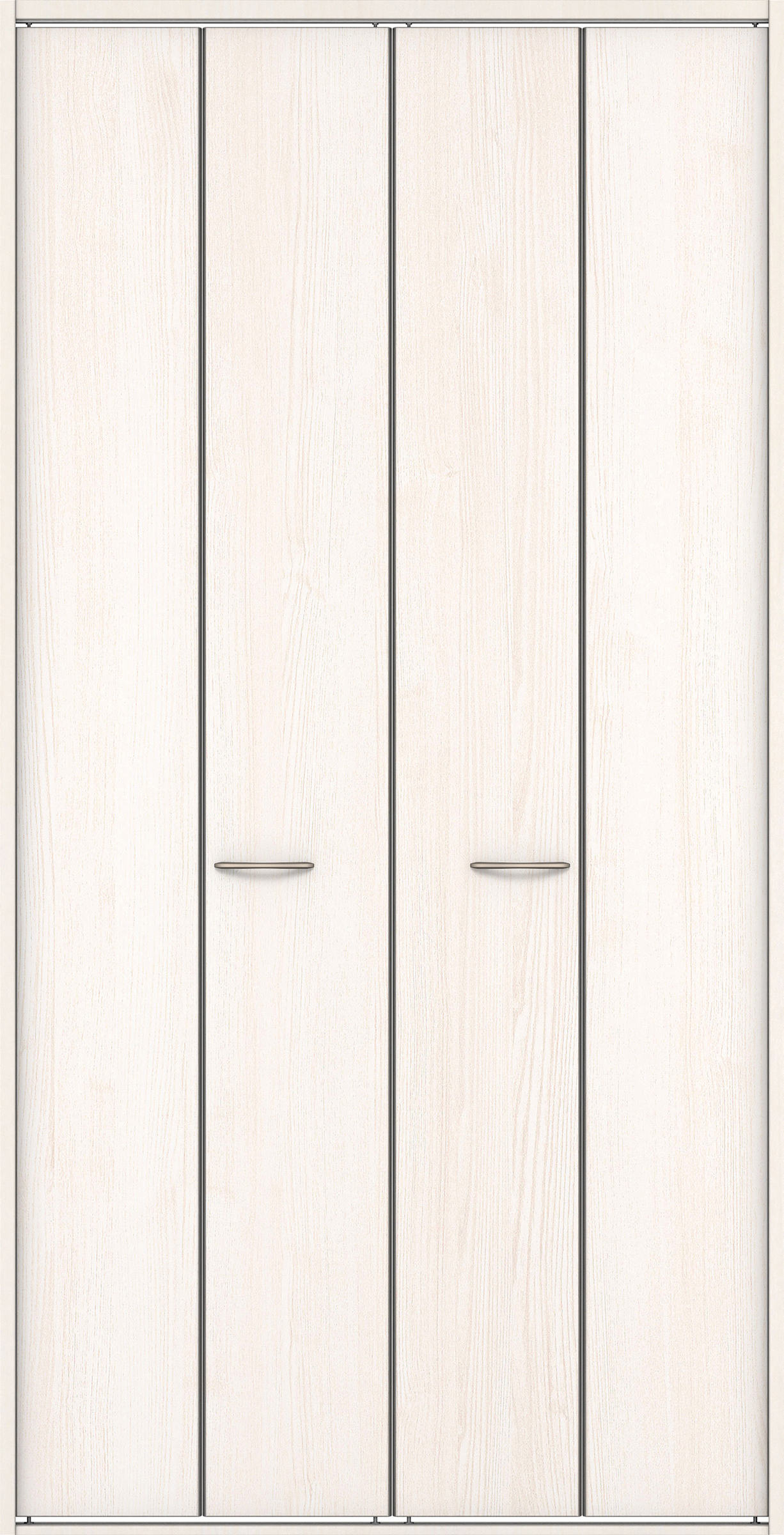 クローク収納　イエリア　折戸ユニット　フラット縦木目タイプ　ウッド扉　四方枠（固定枠）　セット　１３２０幅（１．５Ｍ間口）　２３３０高　〈ネオホワイト柄〉　ハンドルラウンド型〈Ｔシルバー色〉