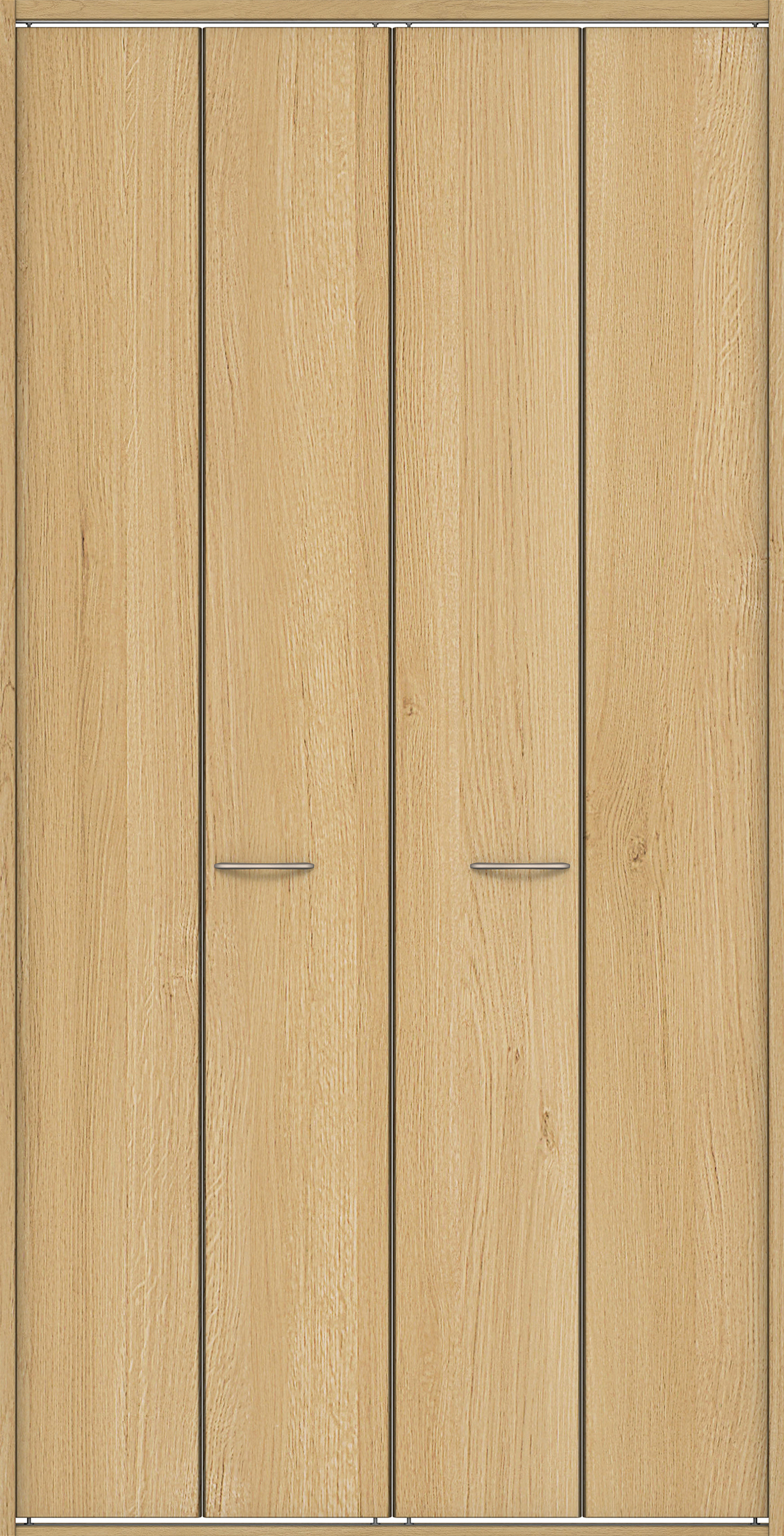 クローク収納　イエリア　折戸ユニット　フラット縦木目タイプ　ウッド扉　四方枠（固定枠）　セット　１３２０幅（１．５Ｍ間口）　２３３０高　〈ライトオーカー柄〉　ハンドル角型〈鏡面クローム仕上げ〉