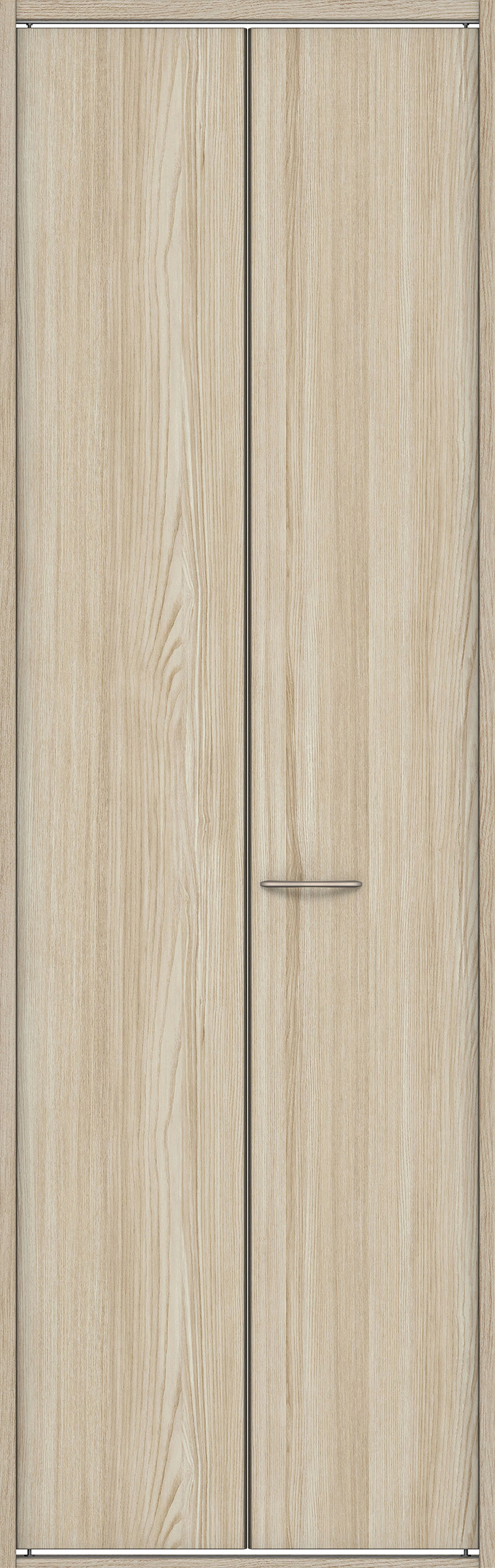 クローク収納　イエリア　折戸ユニット　フラット縦木目タイプ　ウッド扉　四方枠（固定枠）　セット　８２０幅（１Ｍ間口）　２３３０高　〈ソフトグレージュ柄〉　ハンドルラウンド型〈Ｔシルバー色〉