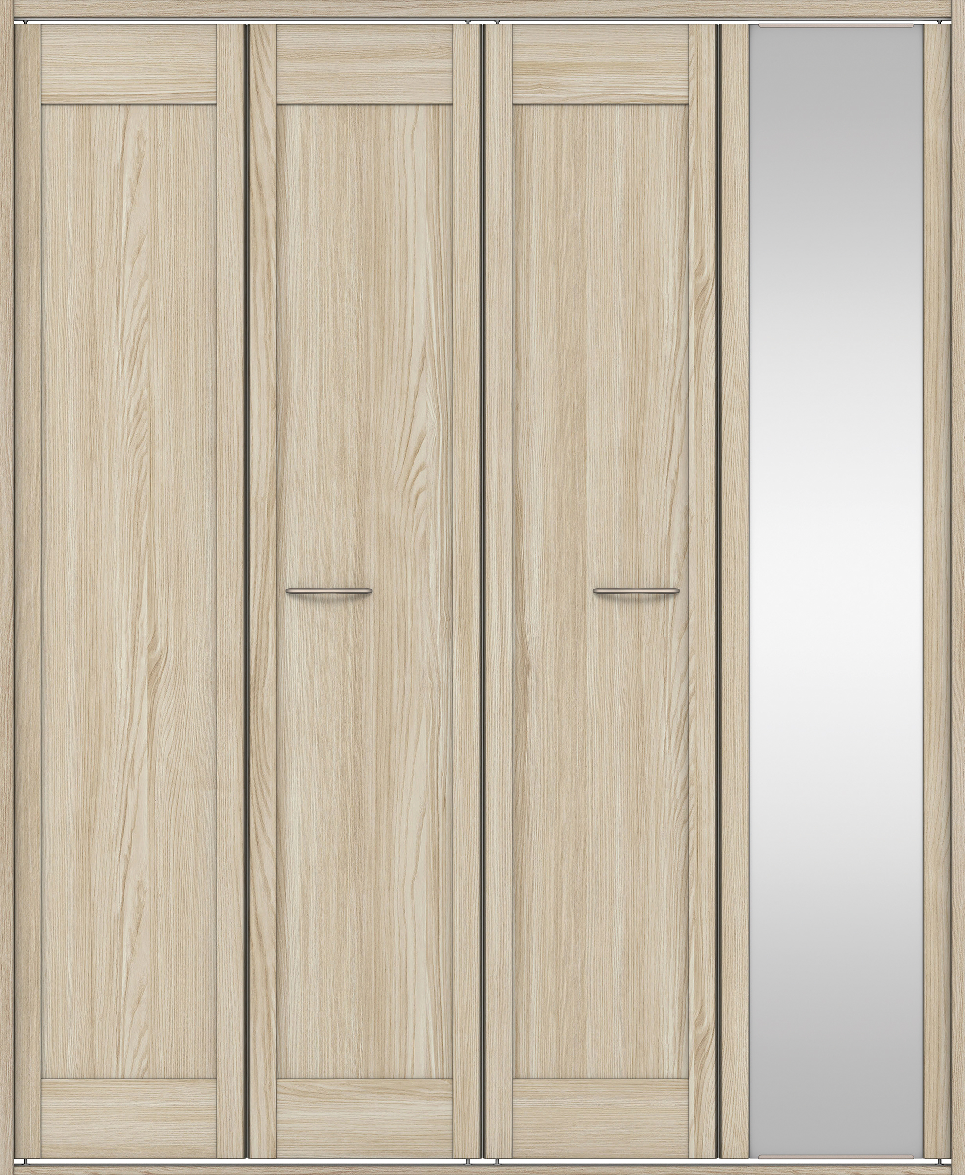 クローク収納　イエリア　折戸ユニット　カマチタイプ　ミラー扉　四方枠（固定枠）　セット　１６４４幅（６尺小間口）　２０４５高　〈ソフトグレージュ柄〉　ハンドルラウンド型〈Ｔシルバー色〉