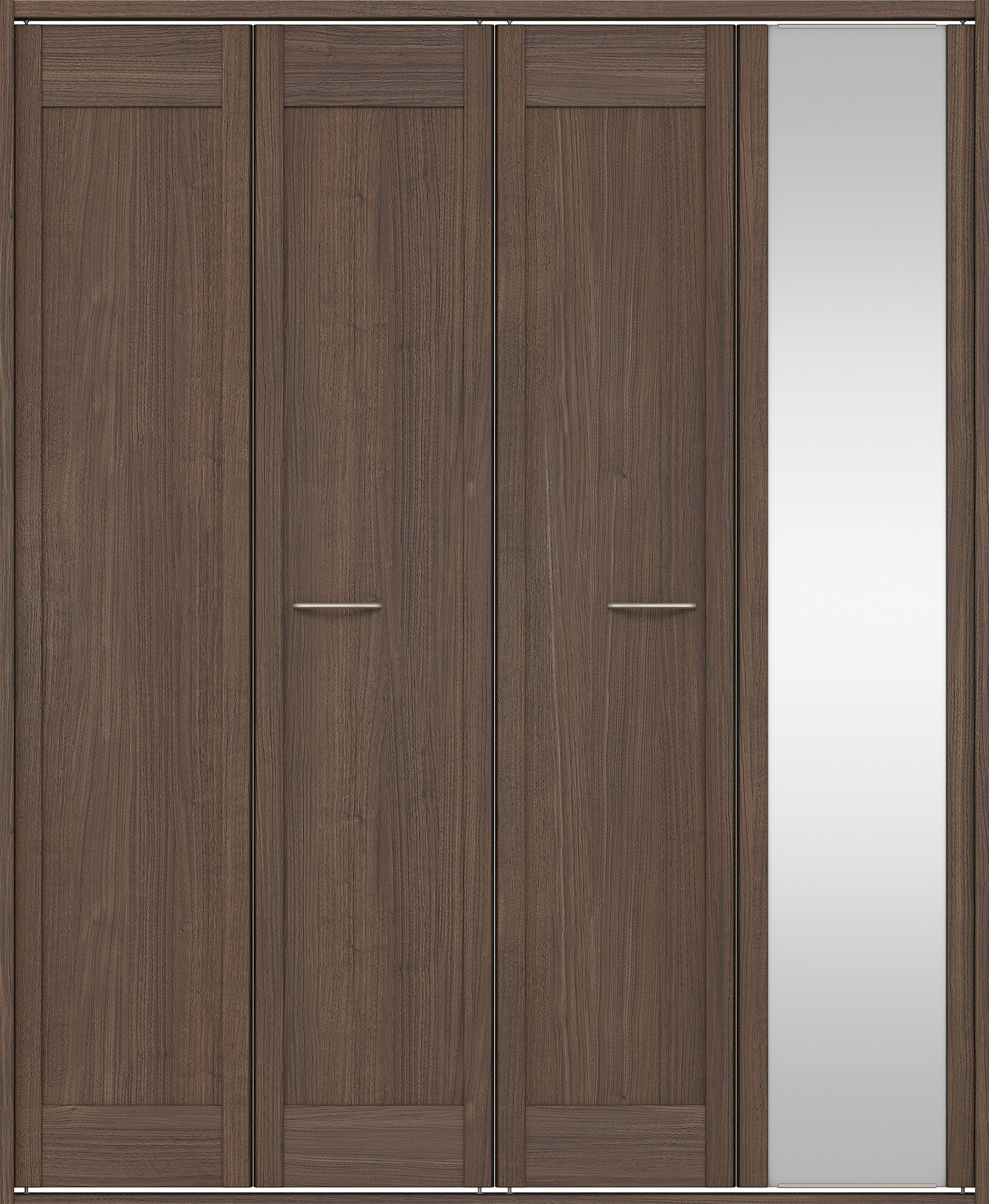 クローク収納　イエリア　折戸ユニット　カマチタイプ　ミラー扉　四方枠（固定枠）　セット　１６８０幅（６尺間口）　２０４５高　〈ダルブラウン柄〉　ハンドルラウンド型〈Ｔシルバー色〉