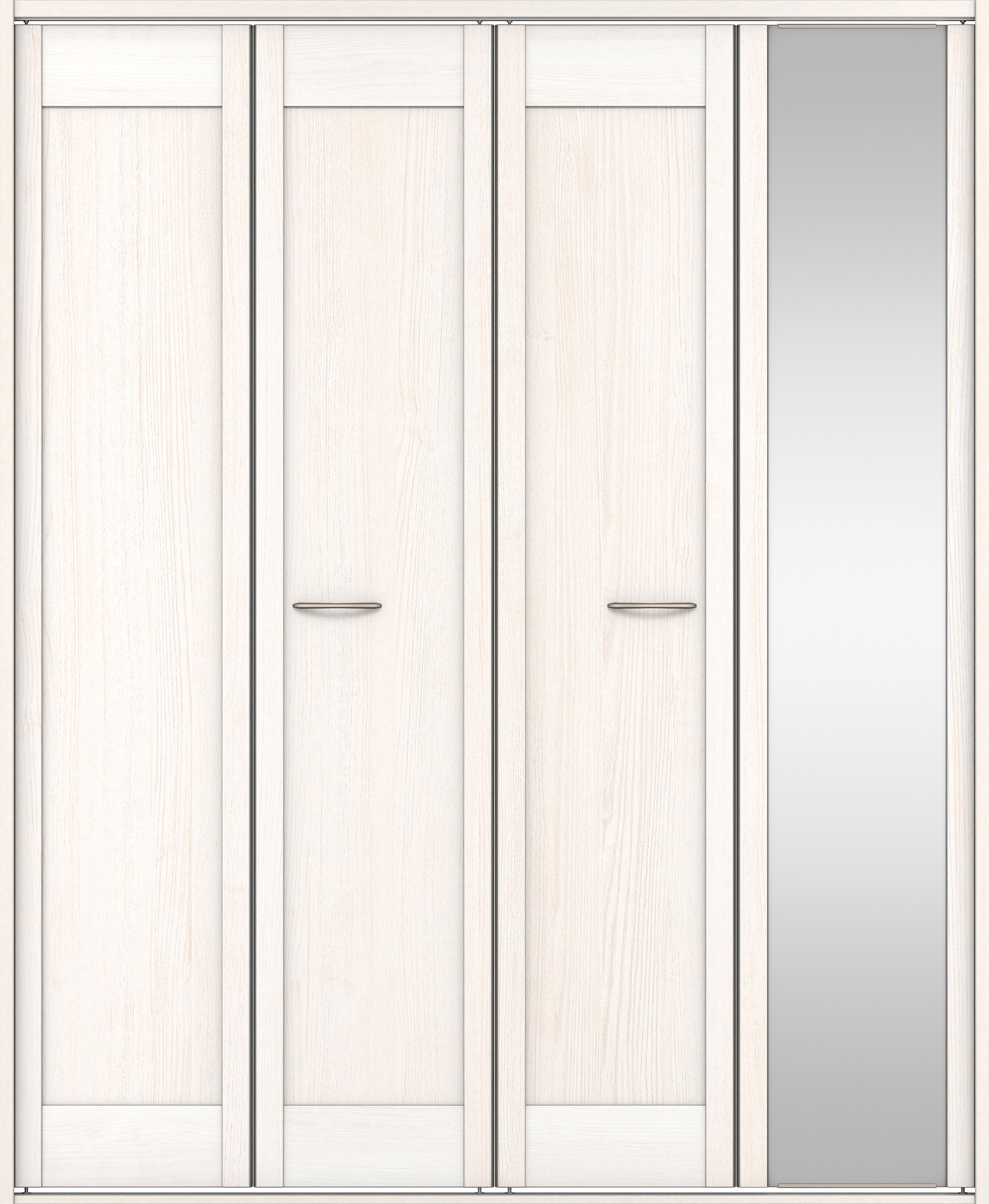 クローク収納　イエリア　折戸ユニット　カマチタイプ　ミラー扉　四方枠（固定枠）　セット　１６８０幅（６尺間口）　２０４５高　〈ネオホワイト柄〉　ハンドルラウンド型〈Ｔシルバー色〉