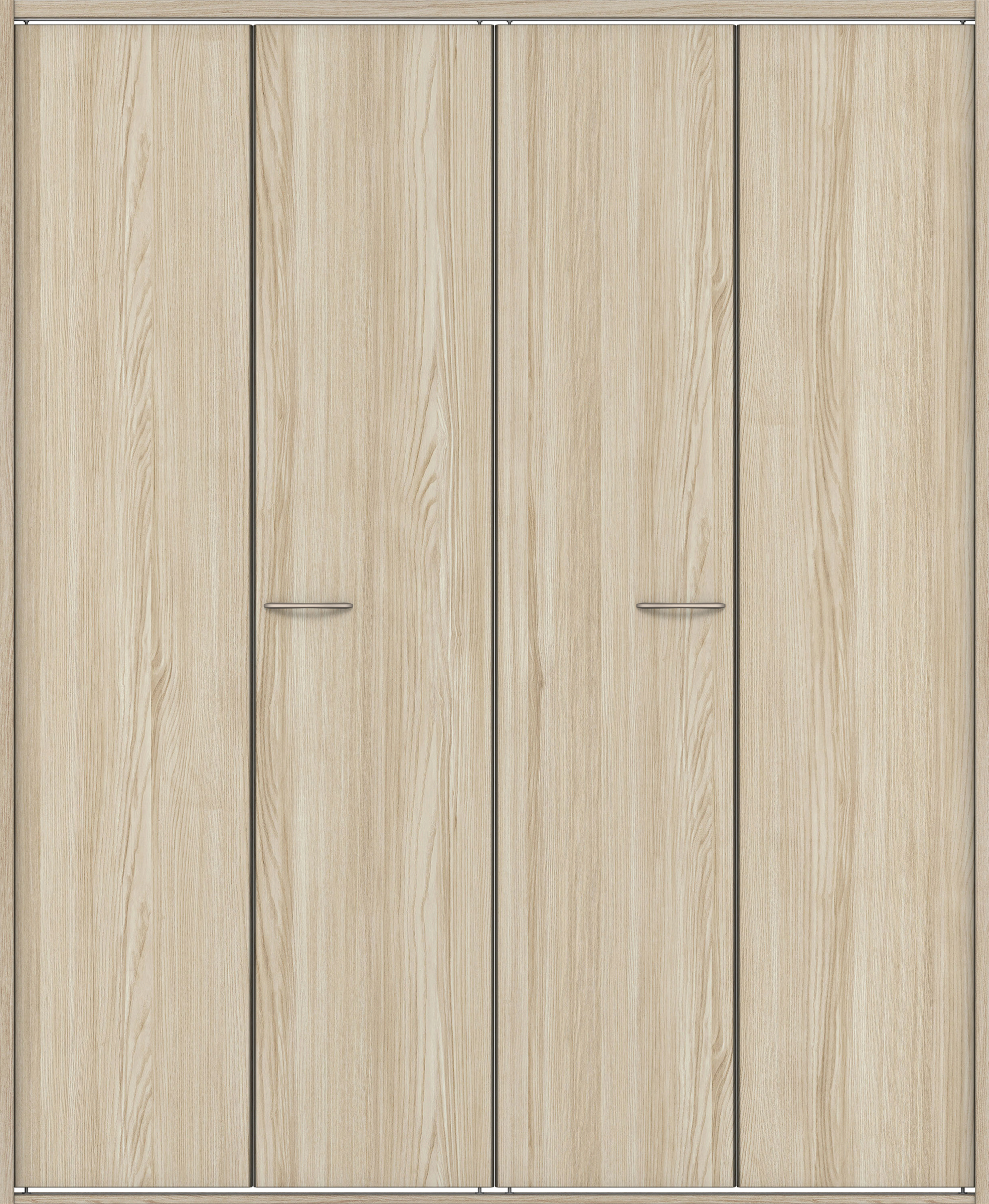 クローク収納　イエリア　折戸ユニット　フラット縦木目タイプ　ウッド扉　四方枠（固定枠）　セット　１８２０幅（２Ｍ間口）　２０４５高　〈ソフトグレージュ柄〉　ハンドルラウンド型〈Ｔシルバー色〉