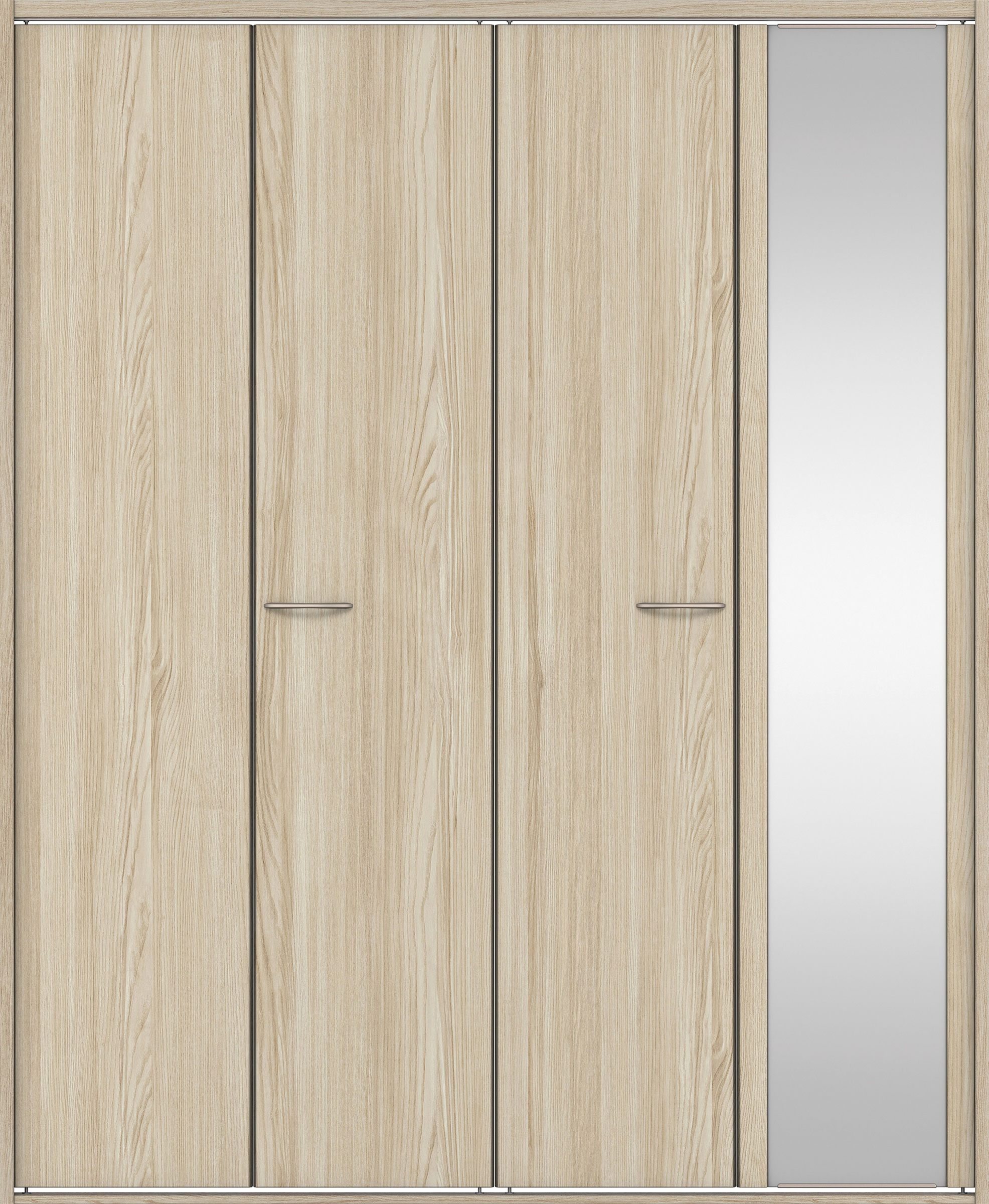 クローク収納　イエリア　折戸ユニット　フラット縦木目タイプ　ミラー扉　四方枠（固定枠）　セット　１６４４幅（６尺小間口）　２０４５高　〈ソフトグレージュ柄〉　ハンドルラウンド型〈Ｔシルバー色〉