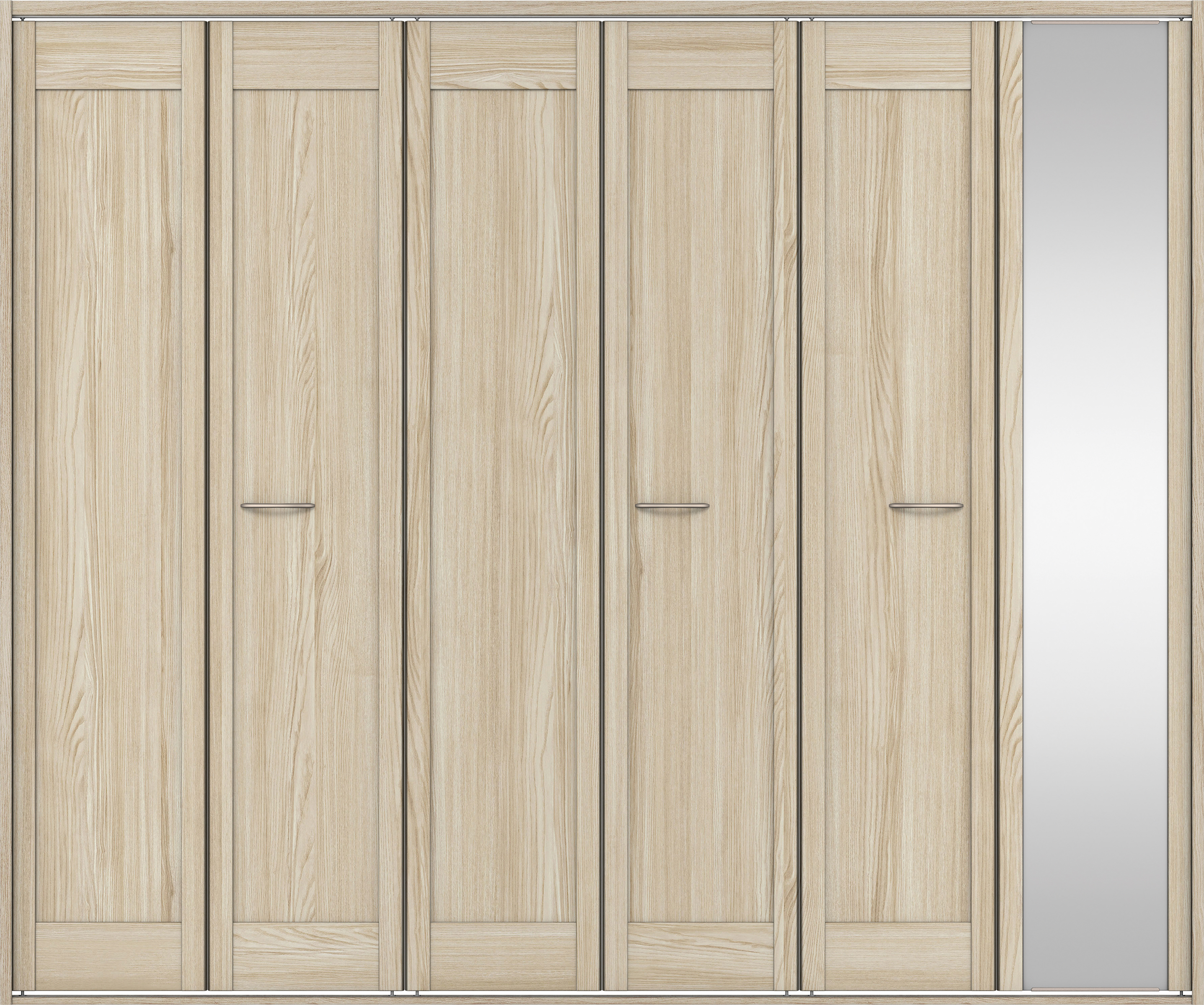 クローク収納　イエリア　折戸ユニット　カマチタイプ　ミラー扉　四方枠（固定枠）　セット　２４５０幅（９尺間口）　２０４５高　〈ソフトグレージュ柄〉　ハンドルラウンド型〈Ｔシルバー色〉