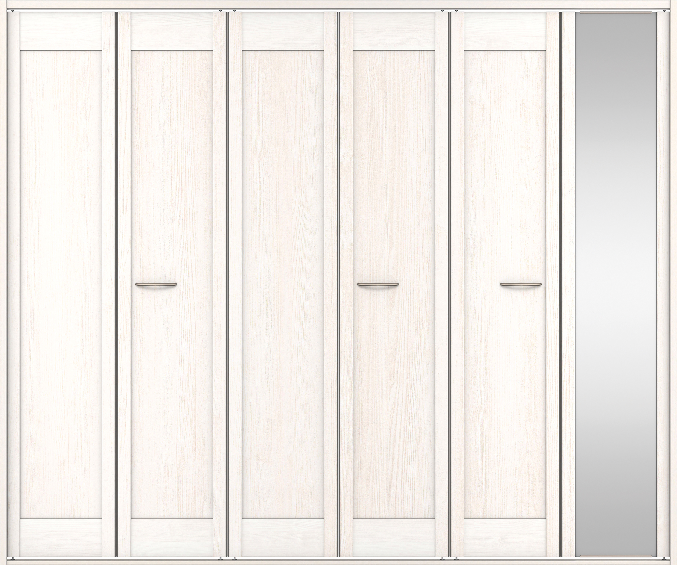 クローク収納　イエリア　折戸ユニット　カマチタイプ　ミラー扉　四方枠（固定枠）　セット　２４５０幅（９尺間口）　２０４５高　〈ネオホワイト柄〉　ハンドルラウンド型〈Ｔシルバー色〉