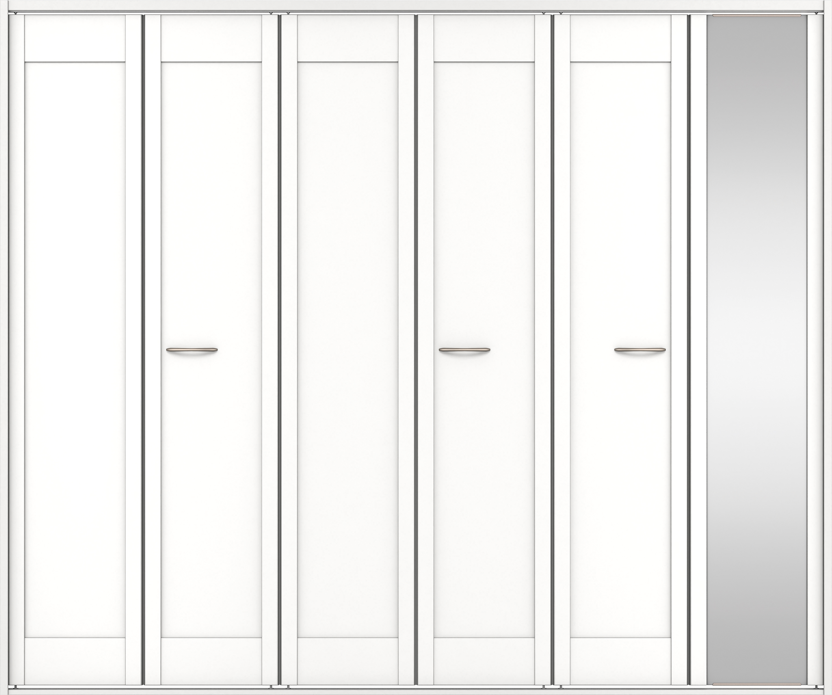 クローク収納　イエリア　折戸ユニット　カマチタイプ　ミラー扉　四方枠（固定枠）　セット　２４５０幅（９尺間口）　２０４５高　〈パウダーホワイト柄〉　ハンドルラウンド型〈Ｔシルバー色〉