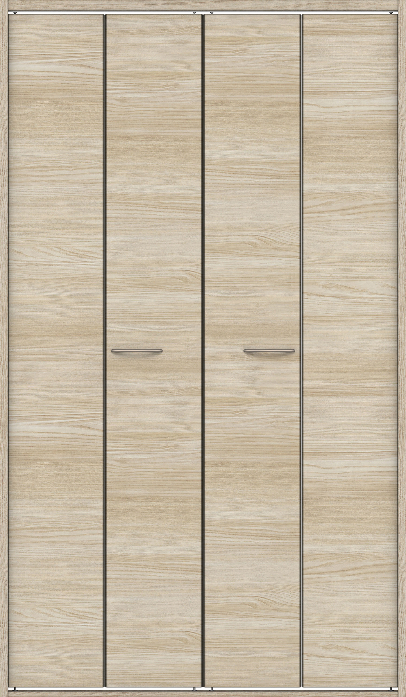 クローク収納　イエリア　折戸ユニット　フラット横木目タイプ　ウッド扉　四方枠（固定枠）　セット　１１９０幅（４．５尺間口）　２０４５高　〈ソフトグレージュ柄〉　ハンドルラウンド型〈Ｔシルバー色〉