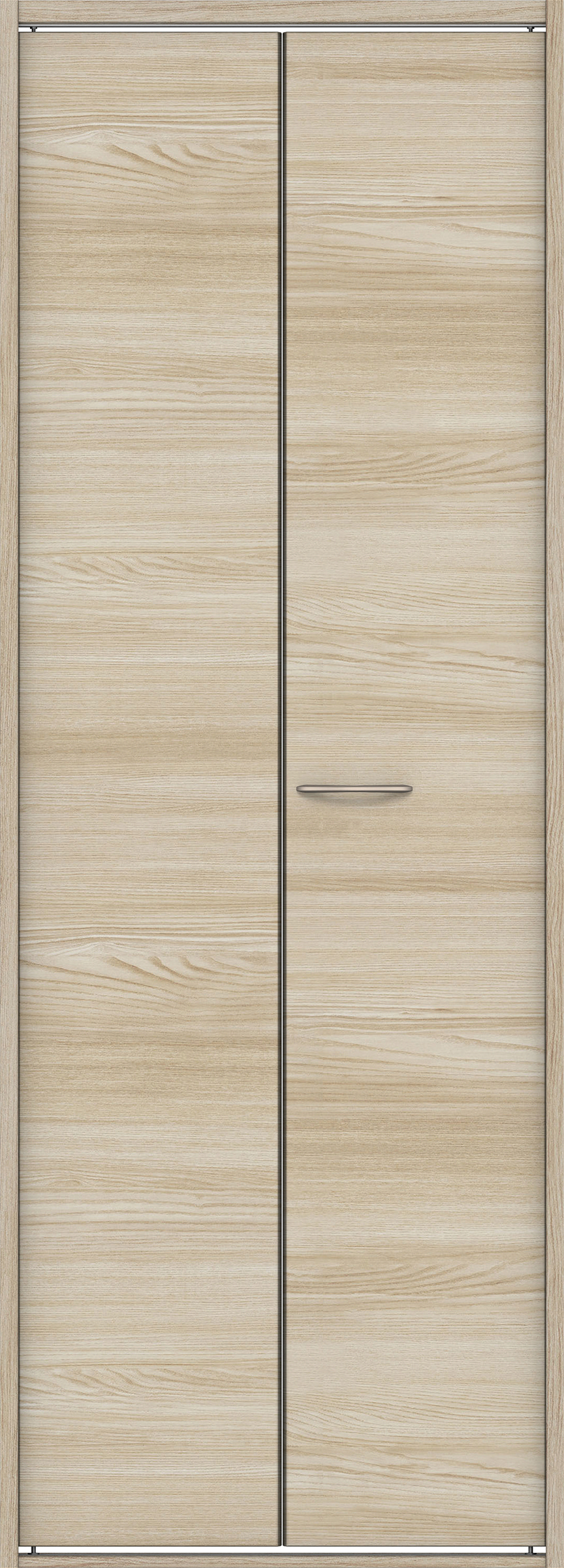 クローク収納　イエリア　折戸ユニット　フラット横木目タイプ　ウッド扉　四方枠（固定枠）　セット　８２０幅（１Ｍ間口）　２０４５高　〈ソフトグレージュ柄〉　ハンドルラウンド型〈Ｔシルバー色〉