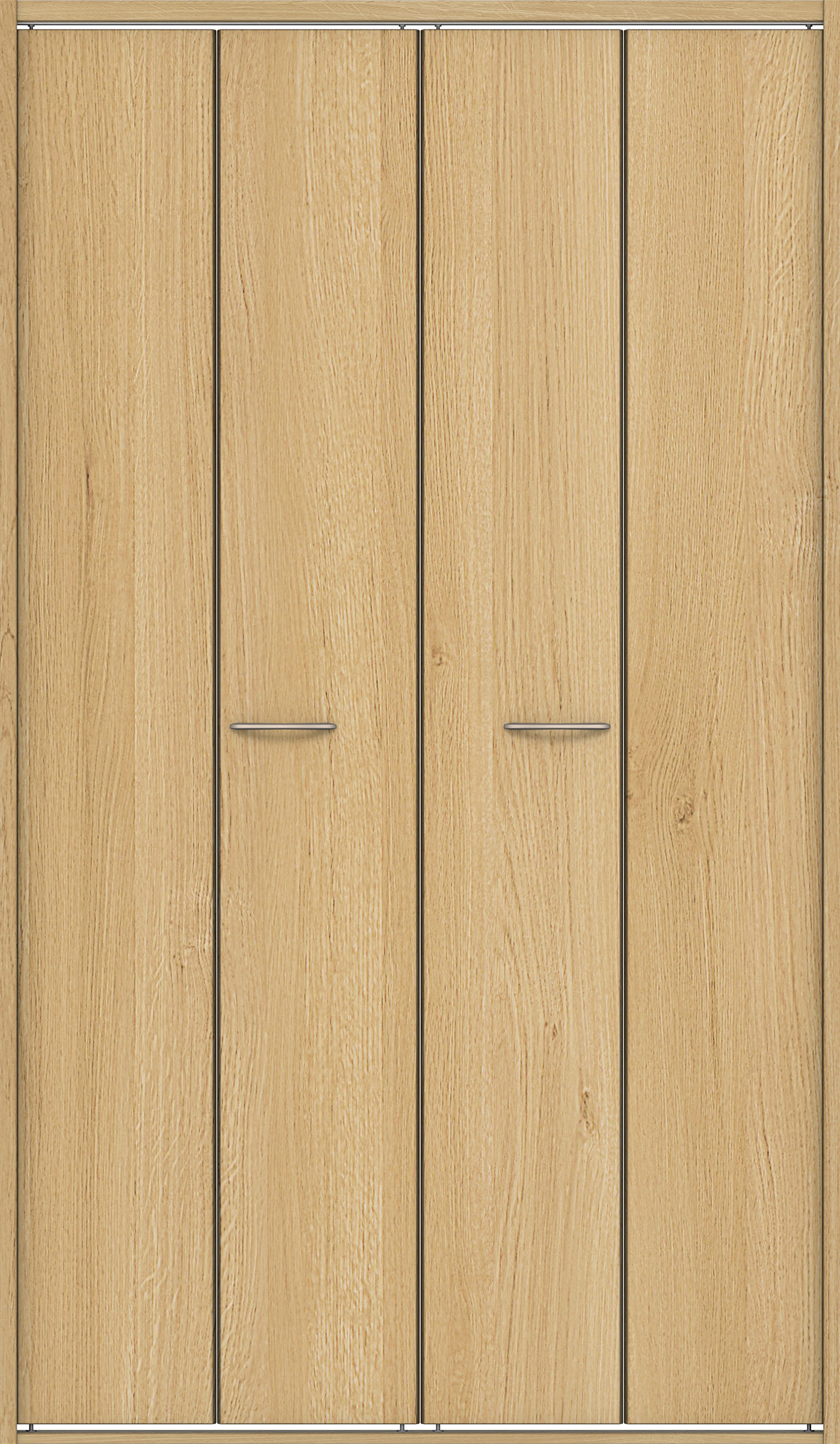 クローク収納　イエリア　折戸ユニット　フラット縦木目タイプ　ウッド扉　四方枠（固定枠）　セット　１３２０幅（１．５Ｍ間口）　２０４５高　〈ライトオーカー柄〉　ハンドルラウンド型〈鏡面クローム仕上げ〉