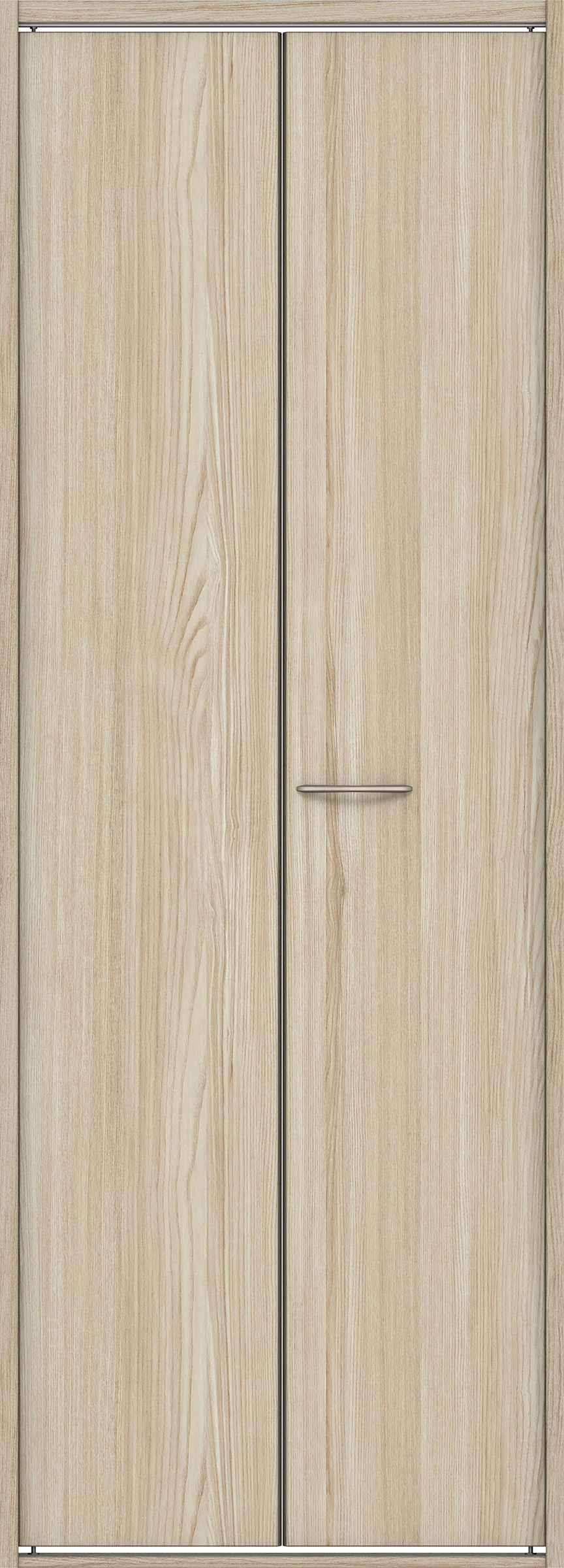 クローク収納　イエリア　折戸ユニット　フラット縦木目タイプ　ウッド扉　四方枠（固定枠）　セット　８２０幅（１Ｍ間口）　２０４５高　〈ソフトグレージュ柄〉　ハンドルラウンド型〈Ｔシルバー色〉