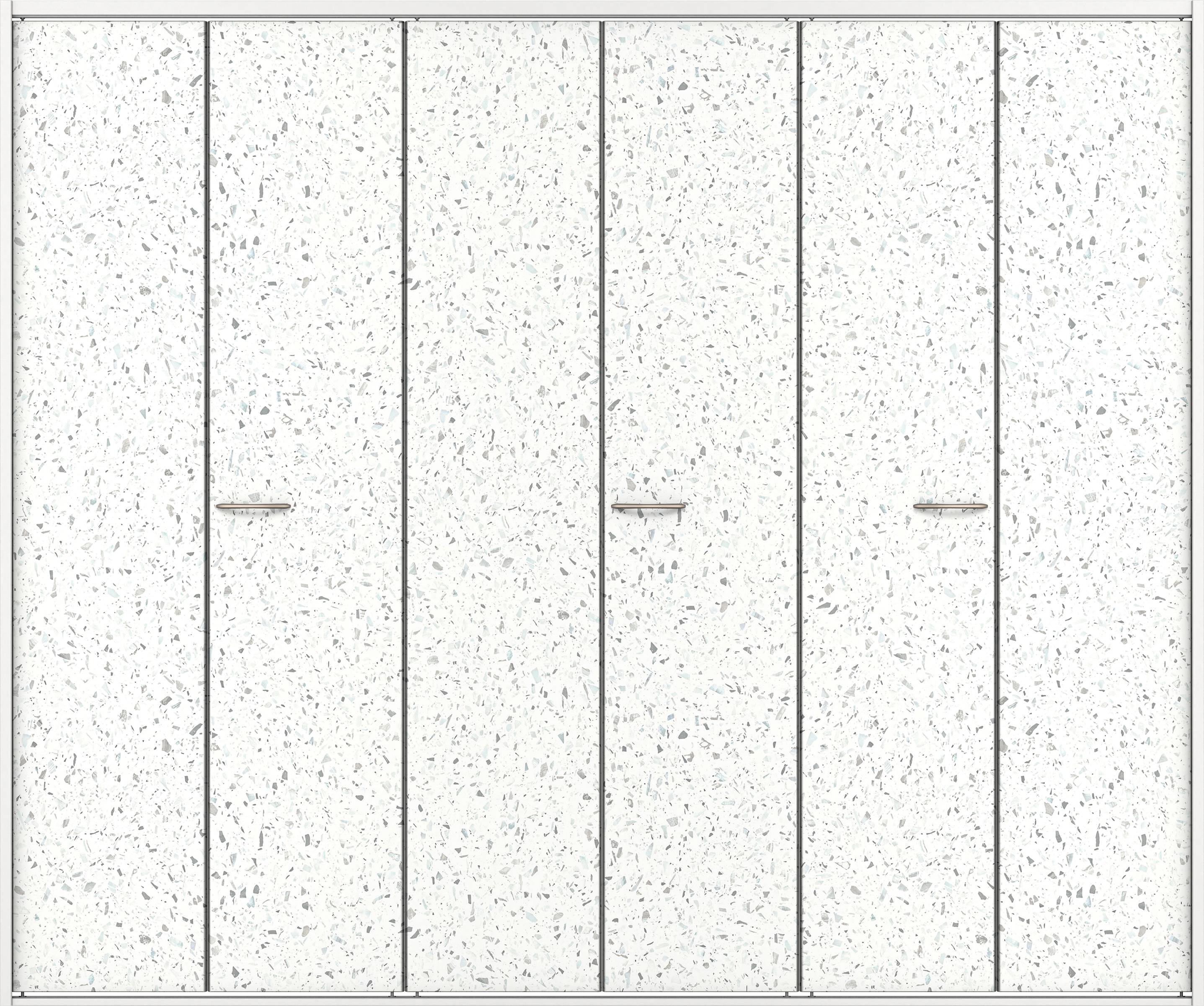 クローク収納　イエリア　折戸ユニット　フラットタイプ　パネル扉　四方枠（固定枠）　セット　２４５０幅（９尺間口）　２０４５高　〈テラゾホワイト柄〉　ハンドルラウンド型〈サテンニッケル仕上げ〉