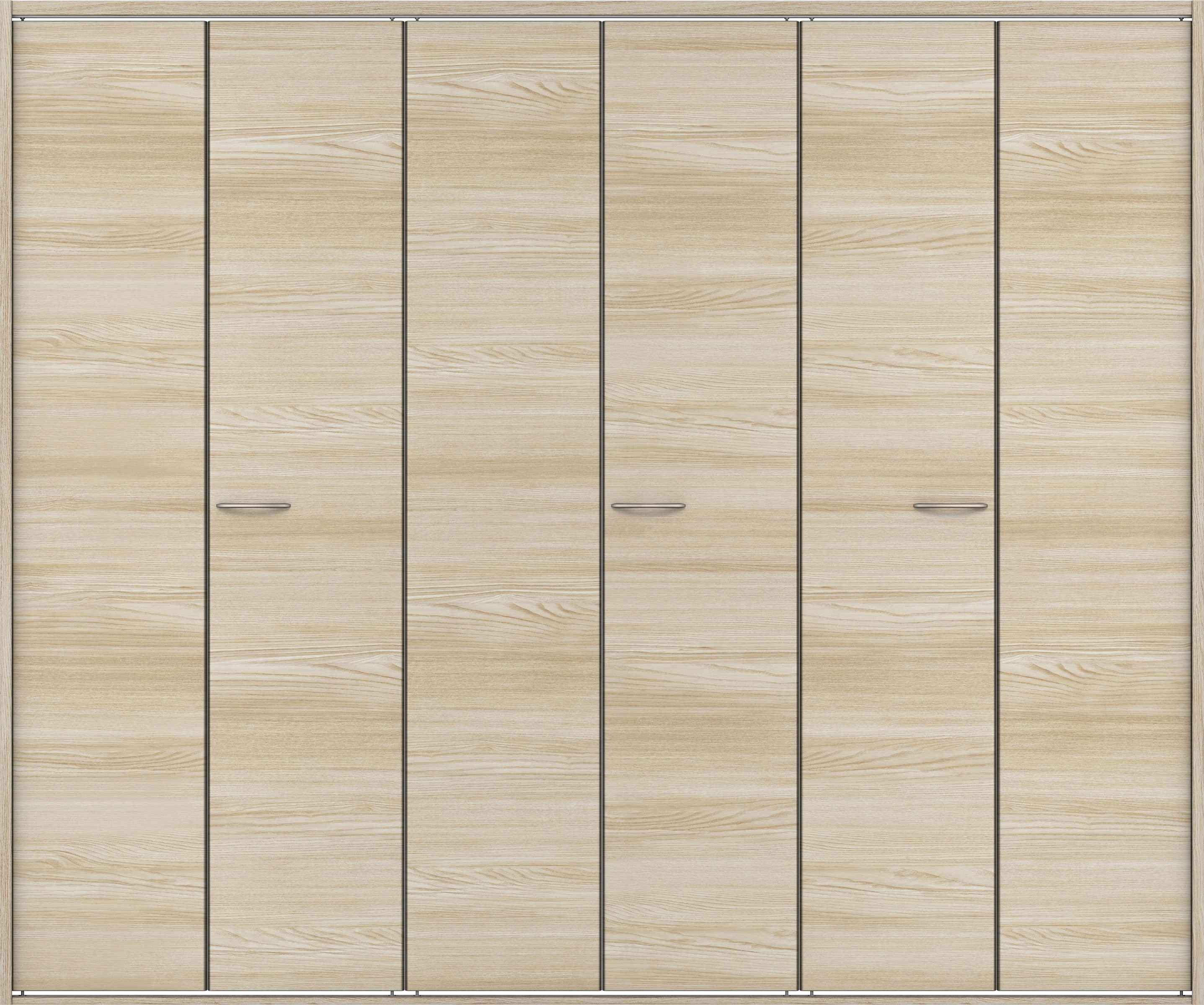 クローク収納　イエリア　折戸ユニット　フラット横木目タイプ　ウッド扉　四方枠（固定枠）　セット　２４５０幅（９尺間口）　２０４５高　〈ソフトグレージュ柄〉　ハンドルラウンド型〈Ｔシルバー色〉