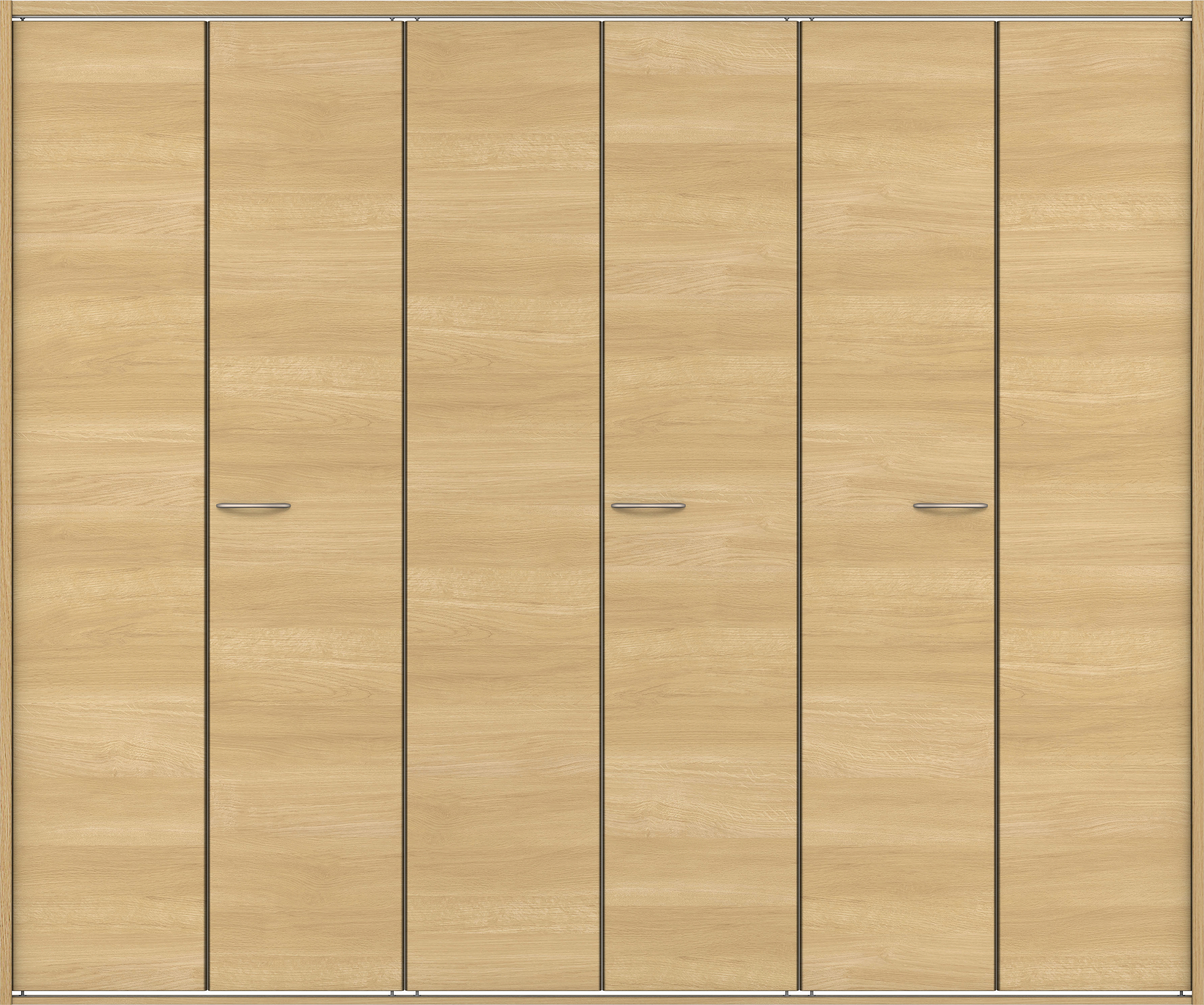 クローク収納　イエリア　折戸ユニット　フラット横木目タイプ　ウッド扉　四方枠（固定枠）　セット　２４５０幅（９尺間口）　２０４５高　〈ライトオーカー柄〉　ハンドルラウンド型〈Ｔシルバー色〉