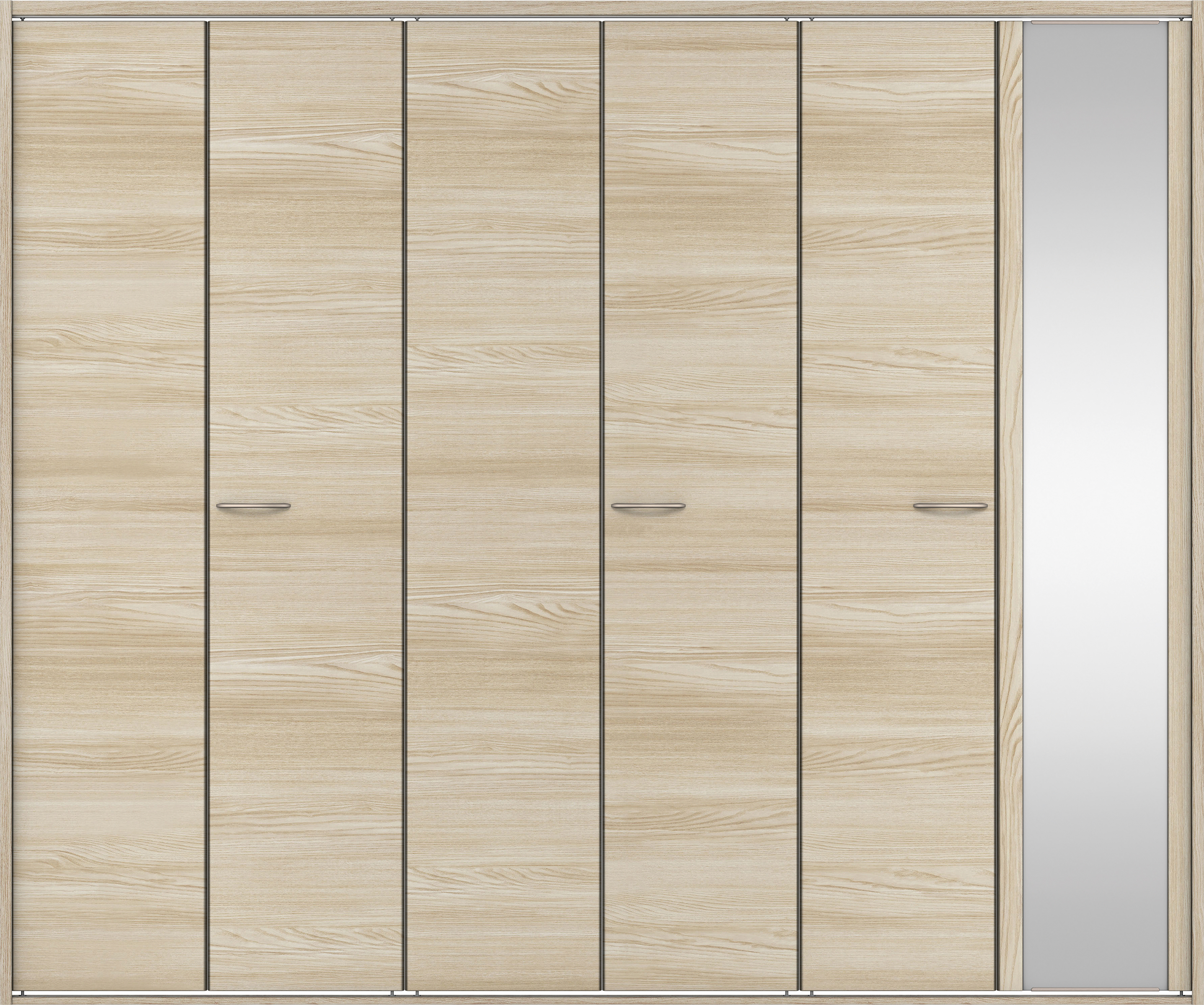 クローク収納　イエリア　折戸ユニット　フラット横木目タイプ　ミラー扉　四方枠（固定枠）　セット　２４５０幅（９尺間口）　２０４５高　〈ソフトグレージュ柄〉　ハンドルラウンド型〈Ｔシルバー色〉