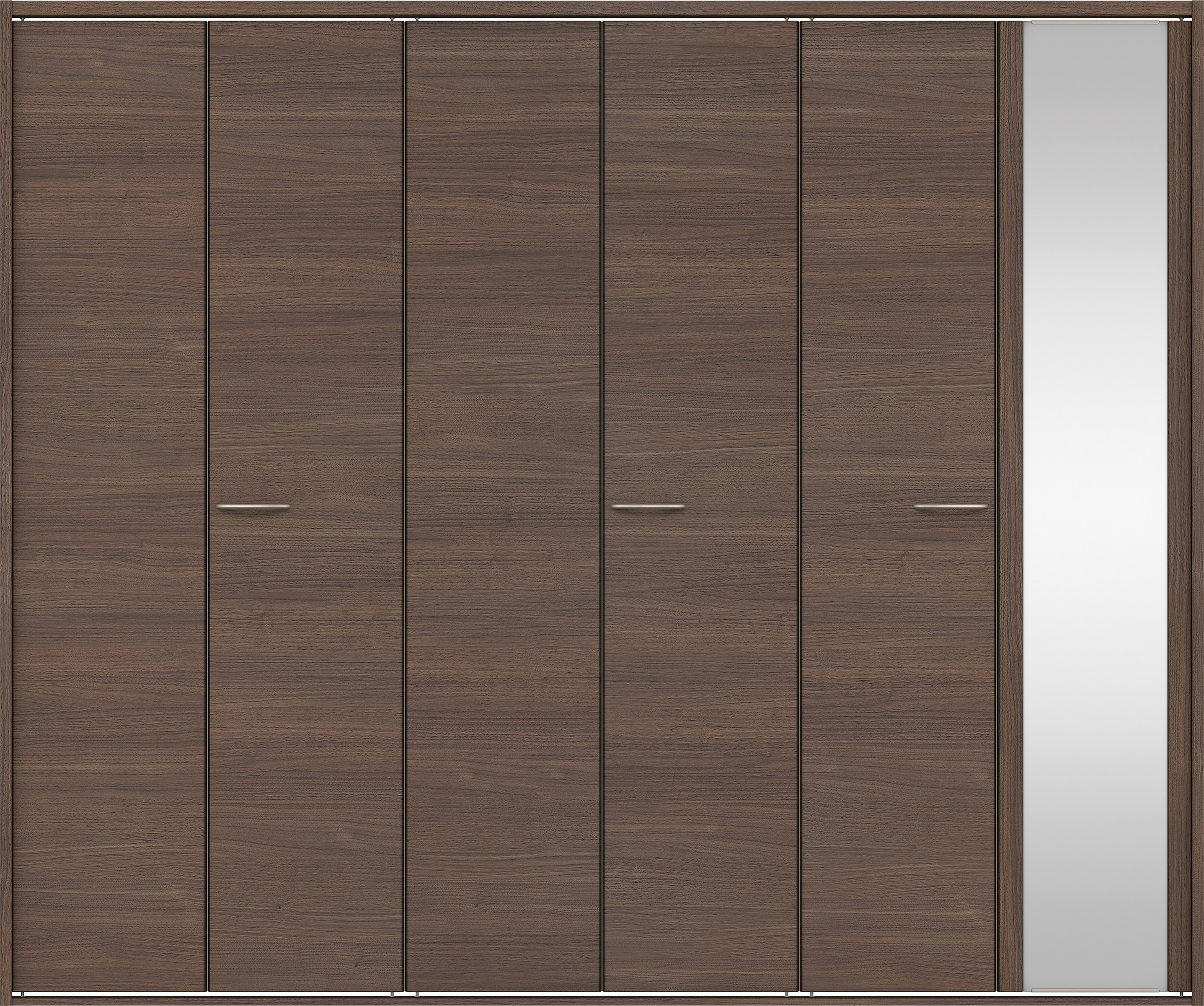 クローク収納　イエリア　折戸ユニット　フラット横木目タイプ　ミラー扉　四方枠（固定枠）　セット　２４５０幅（９尺間口）　２０４５高　〈ダルブラウン柄〉　ハンドルラウンド型〈Ｔシルバー色〉