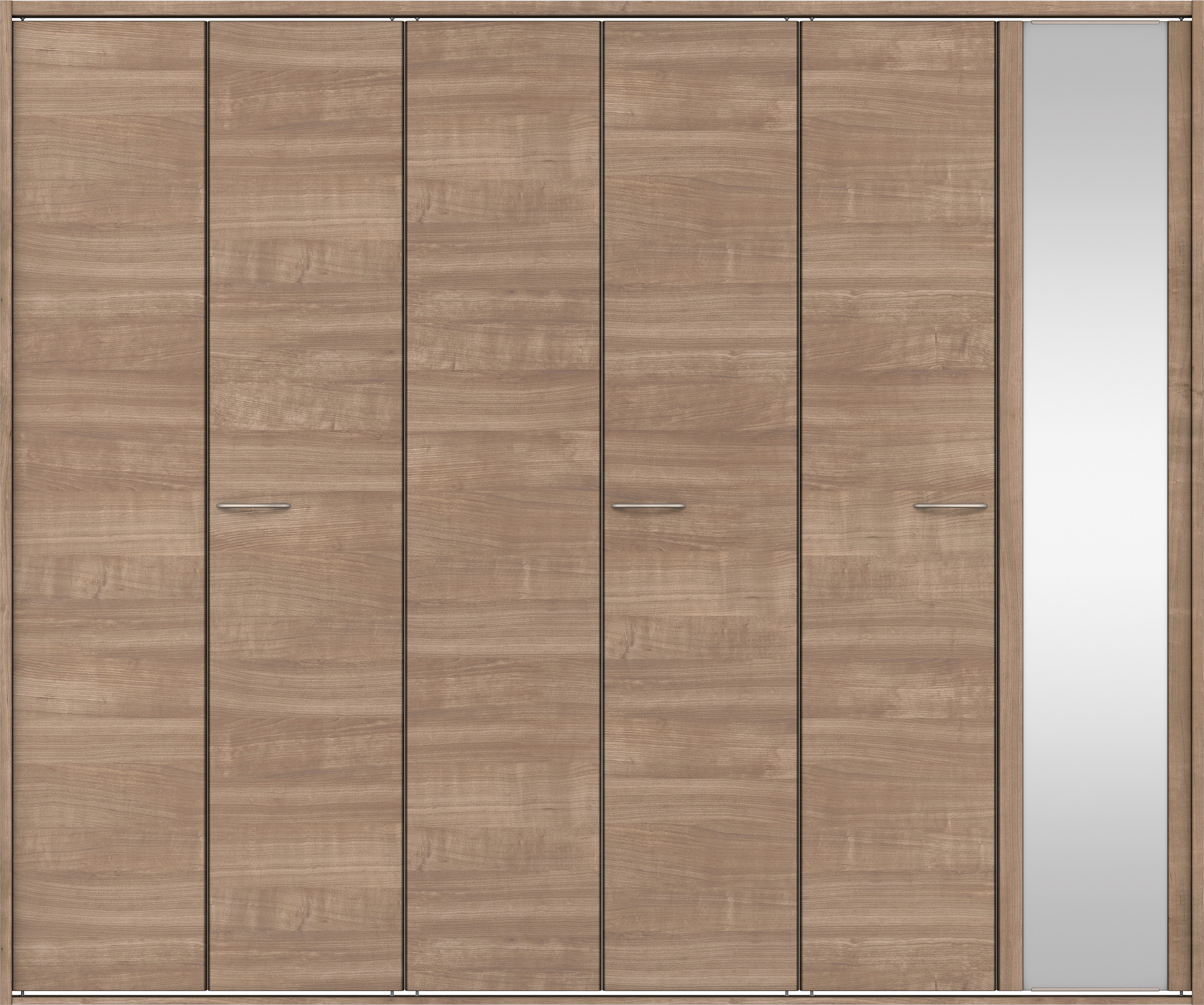 クローク収納　イエリア　折戸ユニット　フラット横木目タイプ　ミラー扉　四方枠（固定枠）　セット　２４５０幅（９尺間口）　２０４５高　〈トープグレー柄〉　ハンドルラウンド型〈Ｔシルバー色〉