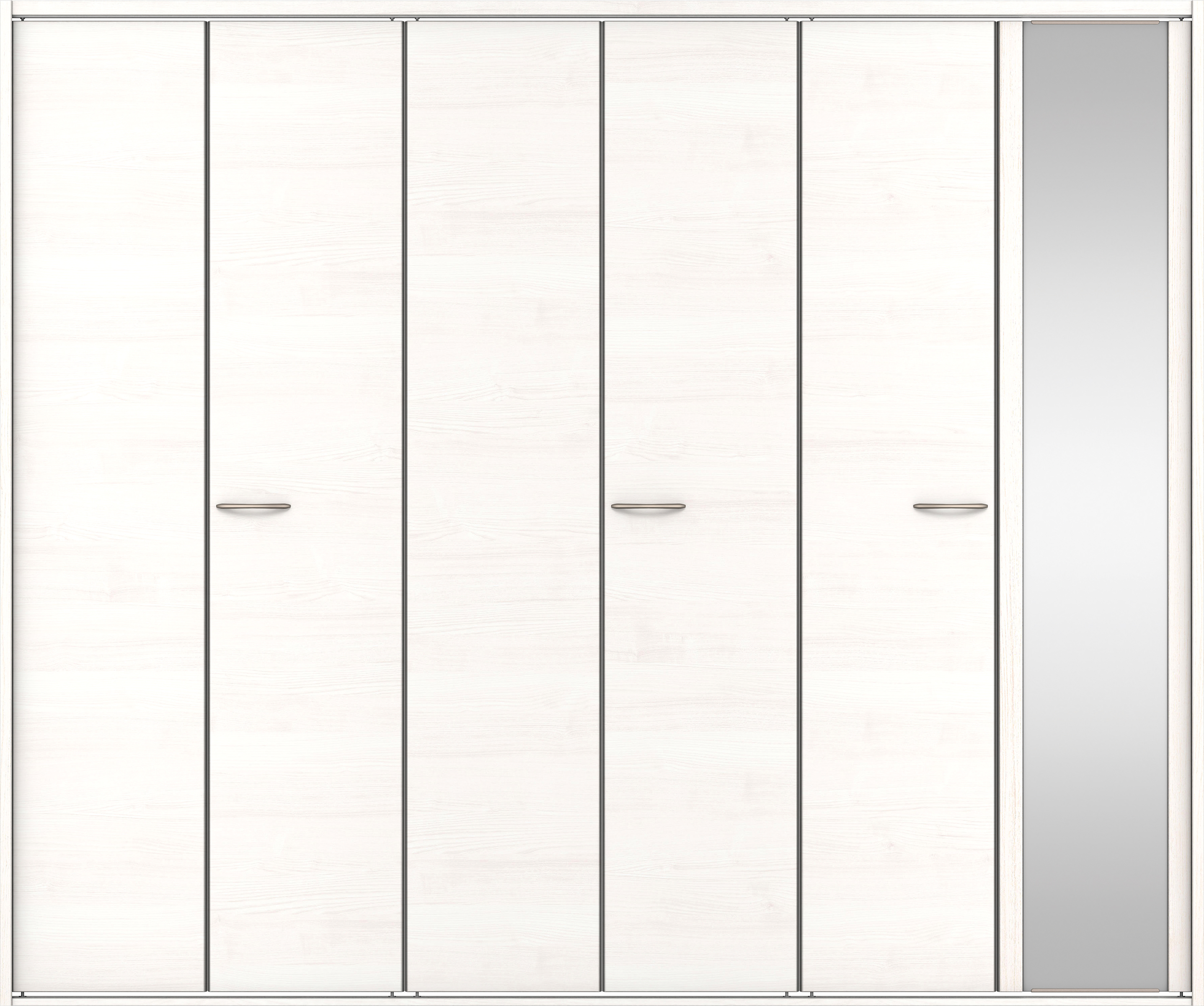 クローク収納　イエリア　折戸ユニット　フラット横木目タイプ　ミラー扉　四方枠（固定枠）　セット　２４５０幅（９尺間口）　２０４５高　〈ネオホワイト柄〉　ハンドルラウンド型〈Ｔシルバー色〉