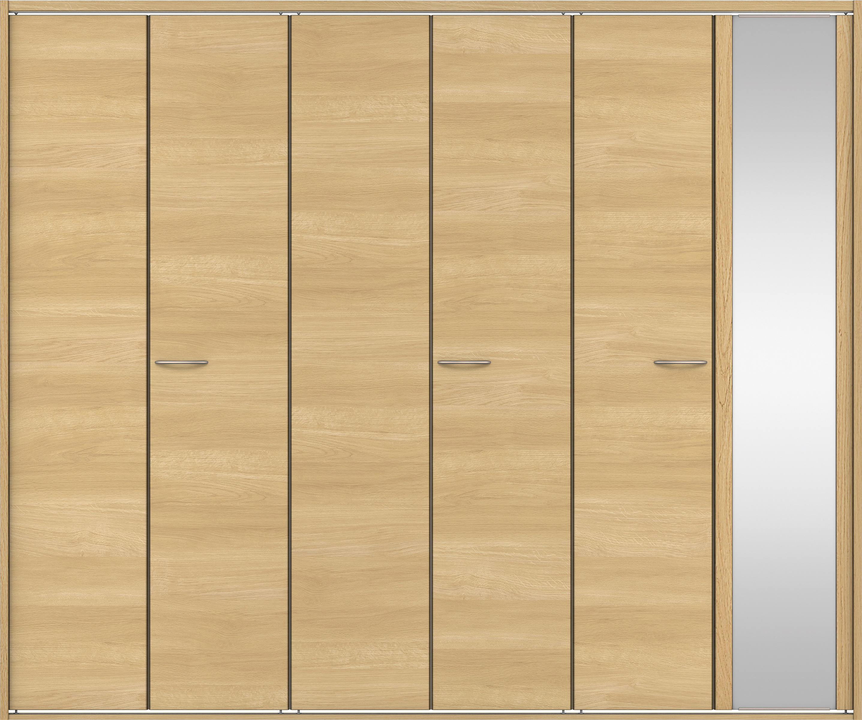 クローク収納　イエリア　折戸ユニット　フラット横木目タイプ　ミラー扉　四方枠（固定枠）　セット　２４５０幅（９尺間口）　２０４５高　〈ライトオーカー柄〉　ハンドルラウンド型〈Ｔシルバー色〉