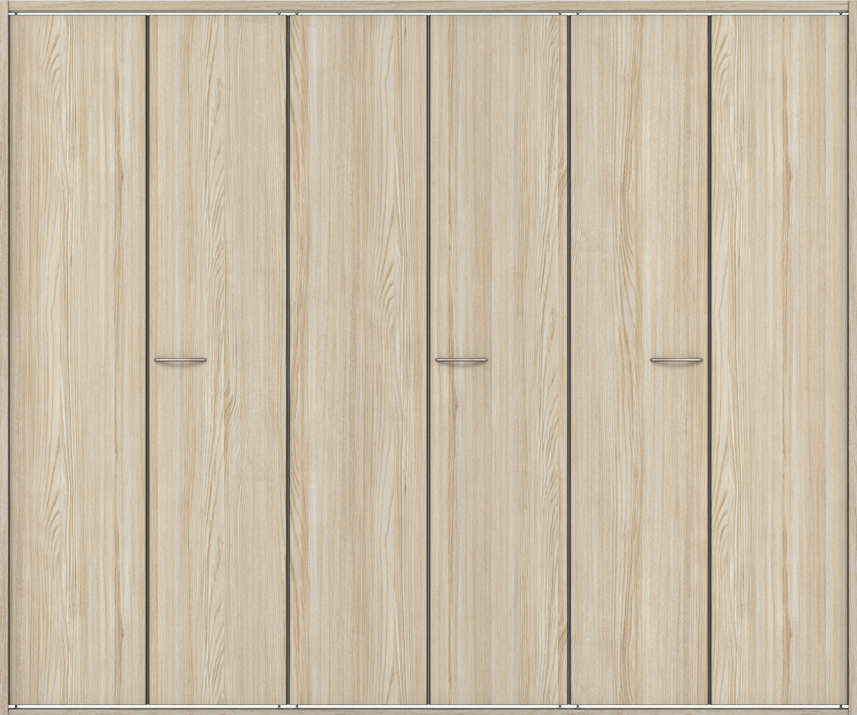 クローク収納　イエリア　折戸ユニット　フラット縦木目タイプ　ウッド扉　四方枠（固定枠）　セット　２４５０幅（９尺間口）　２０４５高　〈ソフトグレージュ柄〉　ハンドルラウンド型〈Ｔシルバー色〉