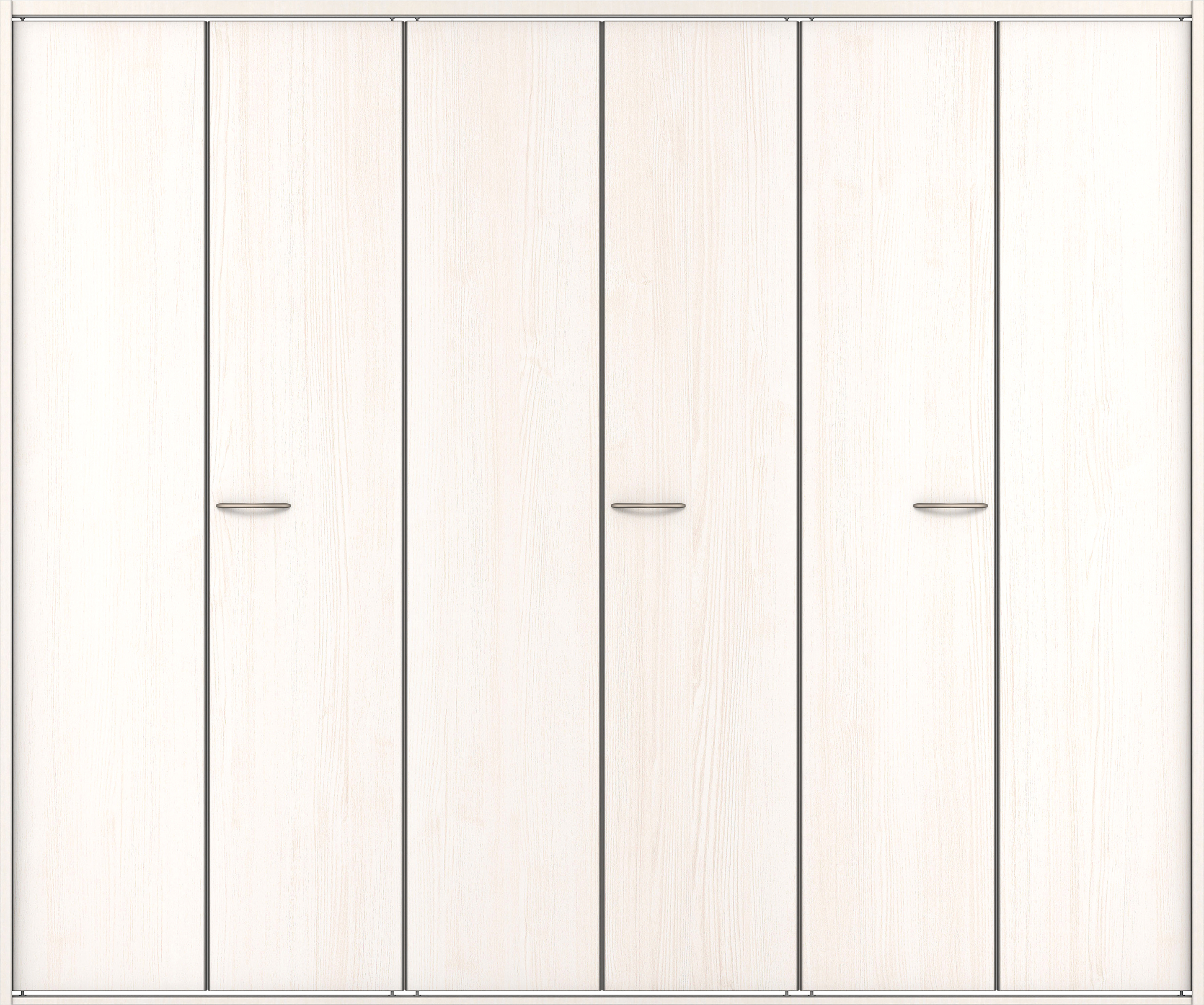 クローク収納　イエリア　折戸ユニット　フラット縦木目タイプ　ウッド扉　四方枠（固定枠）　セット　２４５０幅（９尺間口）　２０４５高　〈ネオホワイト柄〉　ハンドルラウンド型〈Ｔシルバー色〉