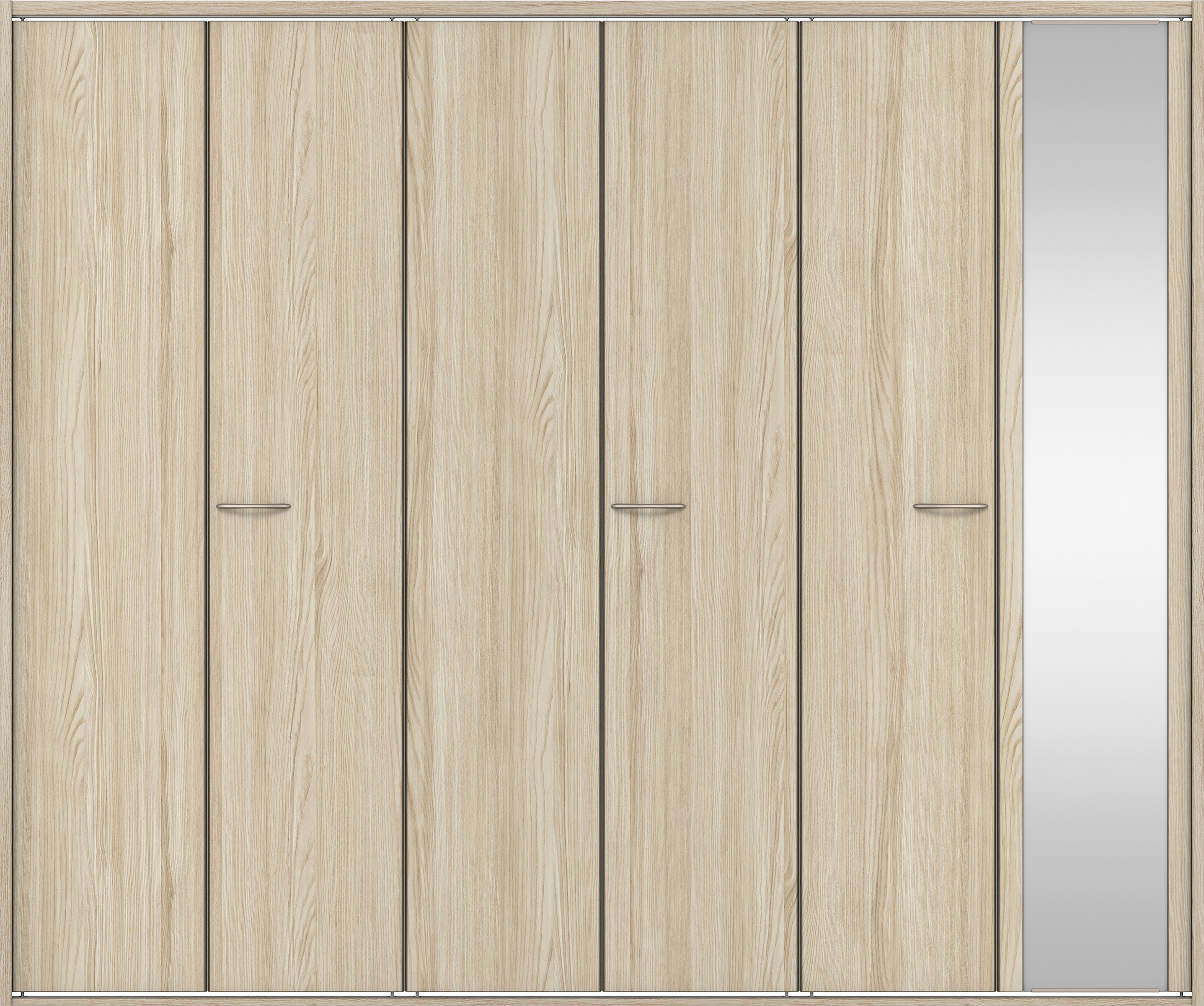 クローク収納　イエリア　折戸ユニット　フラット縦木目タイプ　ミラー扉　四方枠（固定枠）　セット　２７１４幅（３Ｍ間口）　２３３０高　〈ソフトグレージュ柄〉　ハンドルラウンド型〈Ｔシルバー色〉