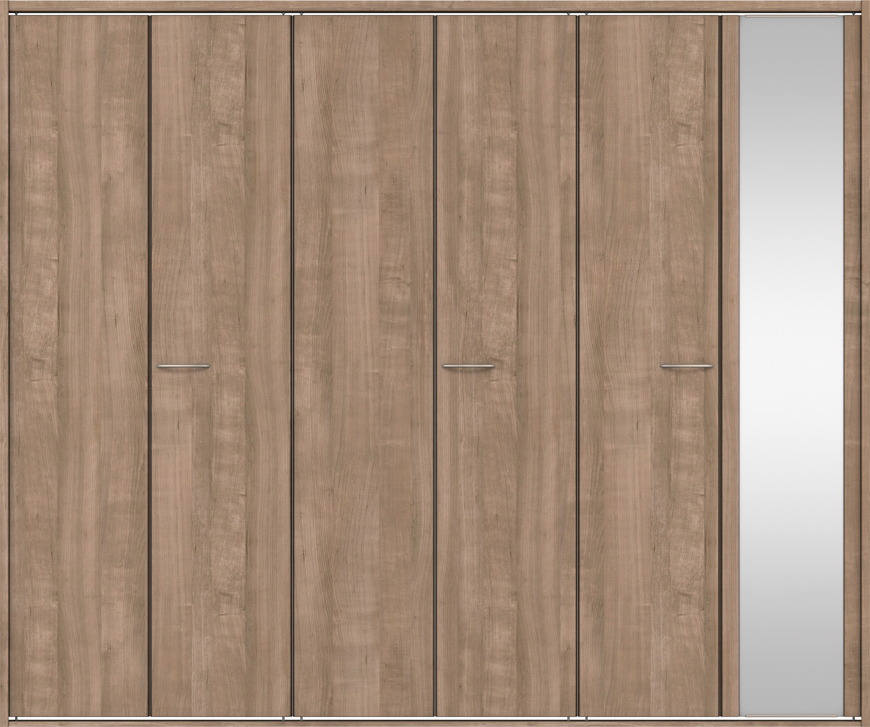 クローク収納　イエリア　折戸ユニット　フラット縦木目タイプ　ミラー扉　四方枠（固定枠）　セット　２７１４幅（３Ｍ間口）　２３３０高　〈トープグレー柄〉　ハンドルラウンド型〈Ｔシルバー色〉