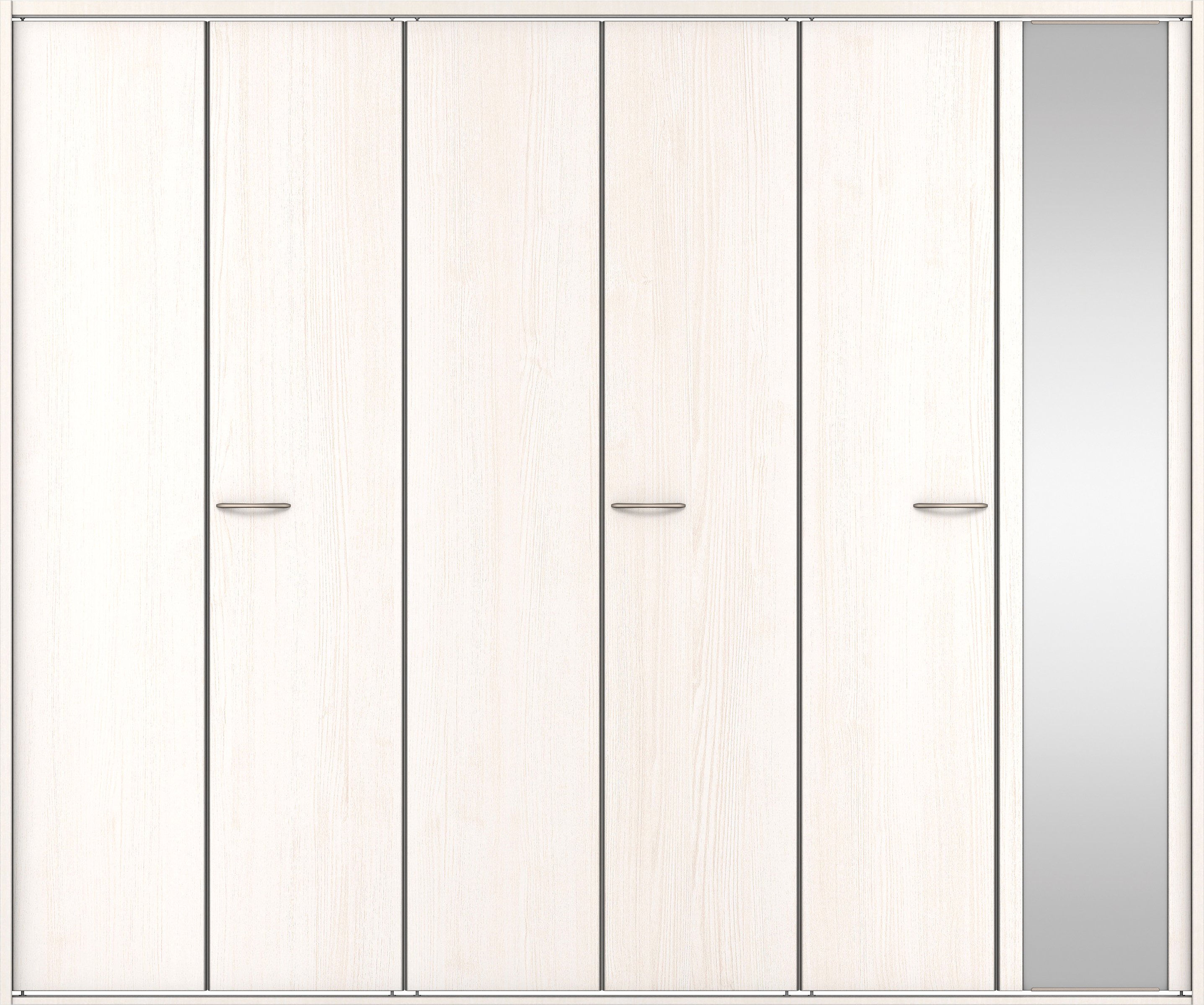クローク収納　イエリア　折戸ユニット　フラット縦木目タイプ　ミラー扉　四方枠（固定枠）　セット　２７１４幅（３Ｍ間口）　２３３０高　〈ネオホワイト柄〉　ハンドルラウンド型〈Ｔシルバー色〉