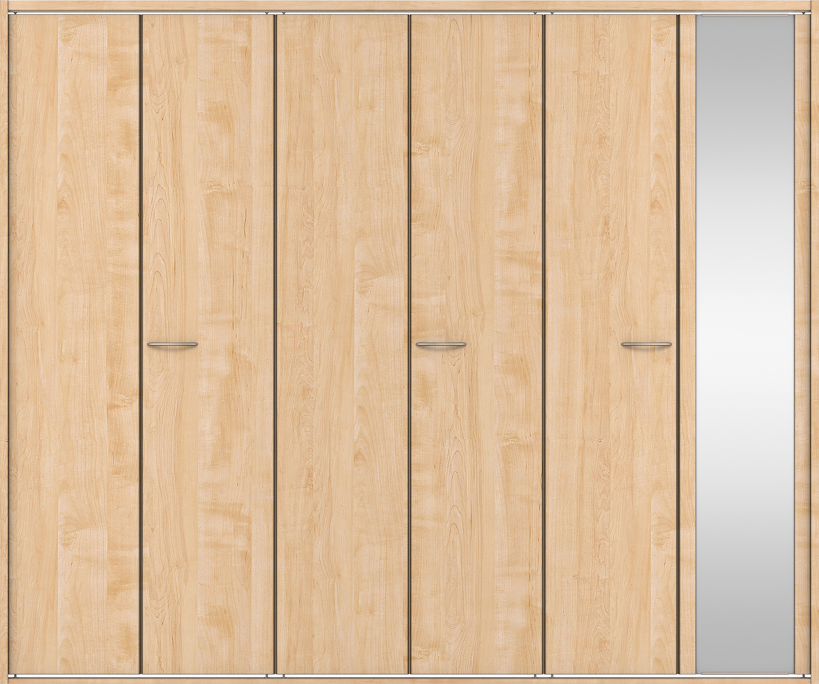 クローク収納　イエリア　折戸ユニット　フラット縦木目タイプ　ミラー扉　四方枠（固定枠）　セット　２７１４幅（３Ｍ間口）　２３３０高　〈ミルベージュ柄〉　ハンドルラウンド型〈Ｔシルバー色〉