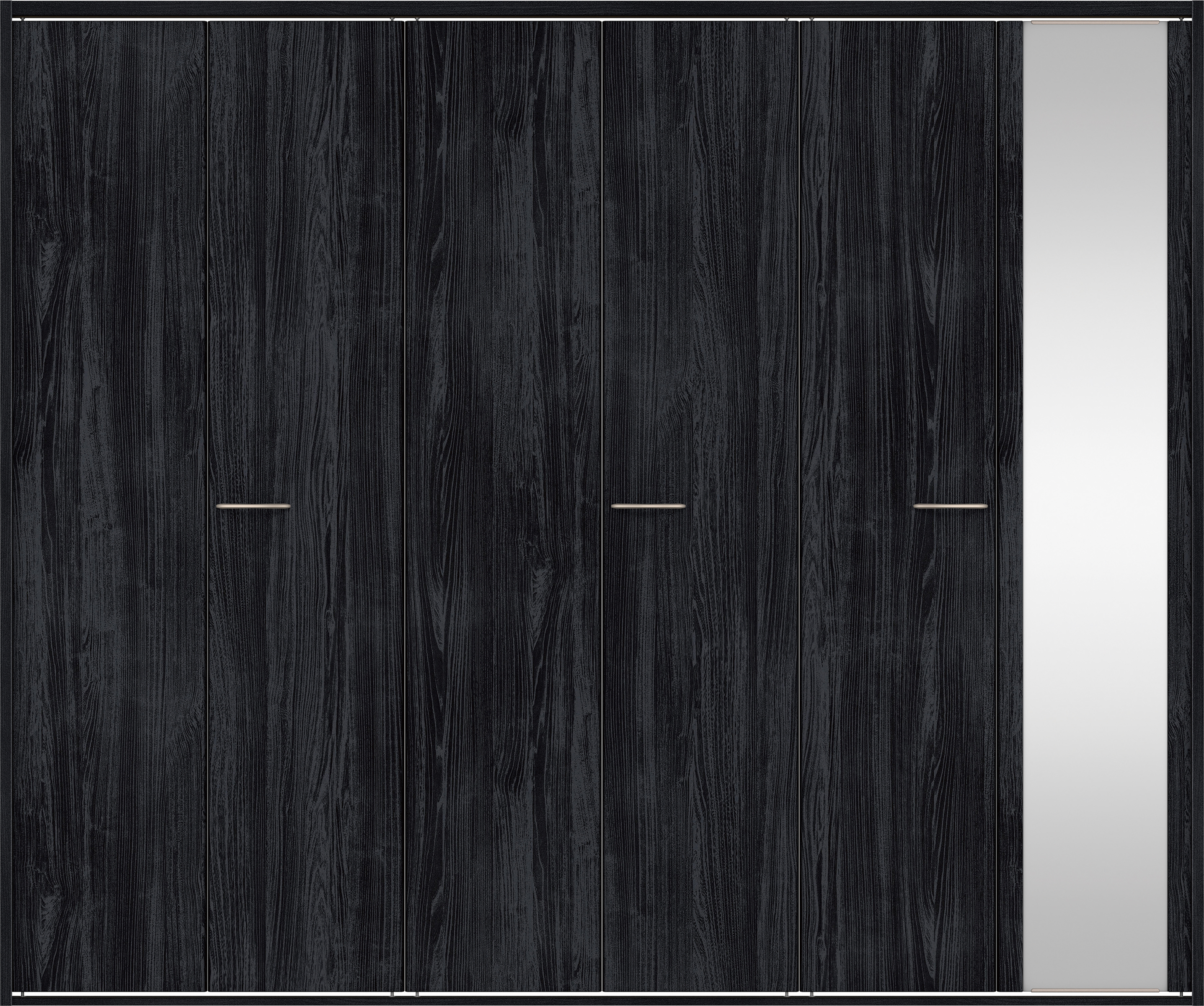 クローク収納　イエリア　折戸ユニット　フラット縦木目タイプ　ミラー扉　四方枠（固定枠）　セット　２７１４幅（３Ｍ間口）　２３３０高　〈モスブラック柄〉　ハンドルラウンド型〈Ｔシルバー色〉