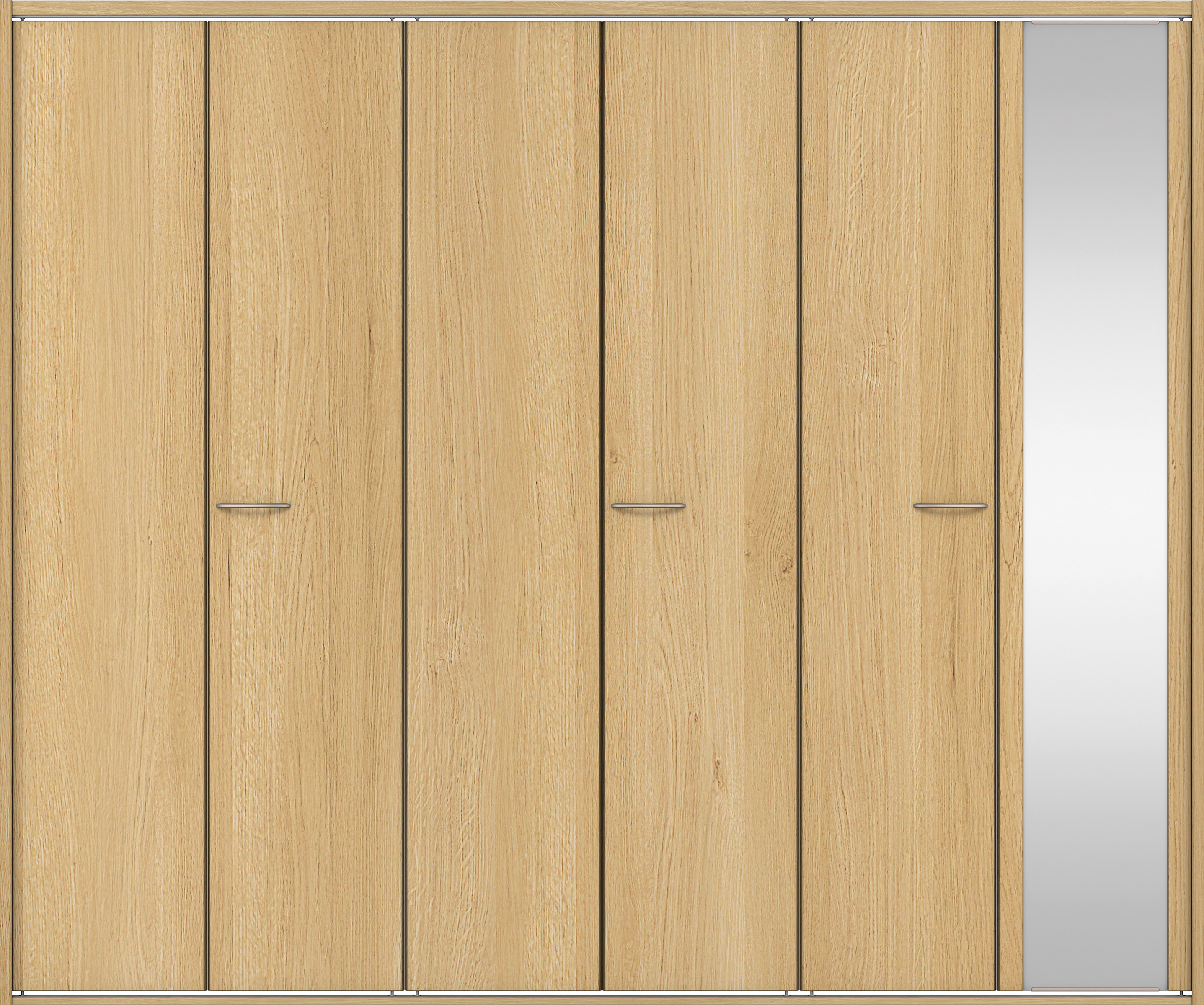 クローク収納　イエリア　折戸ユニット　フラット縦木目タイプ　ミラー扉　四方枠（固定枠）　セット　２７１４幅（３Ｍ間口）　２３３０高　〈ライトオーカー柄〉　ハンドルラウンド型〈Ｔシルバー色〉