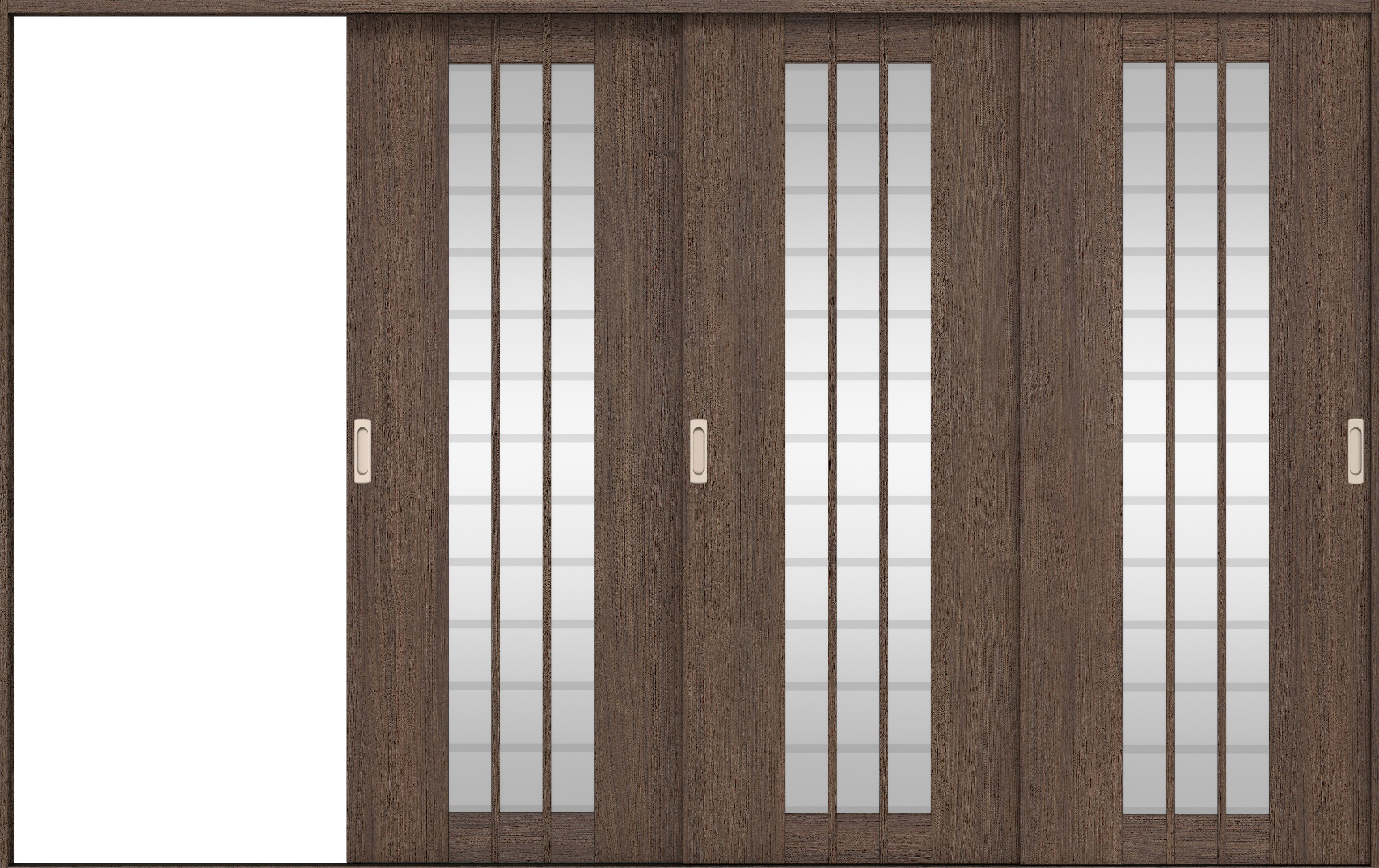 リビングドア　イエリア　引戸・３枚片引　扉セット　４Ｓデザイン　３２２９幅用　２０００高　〈ダルブラウン柄〉　左引用　錠なし　ラクラクローズ付