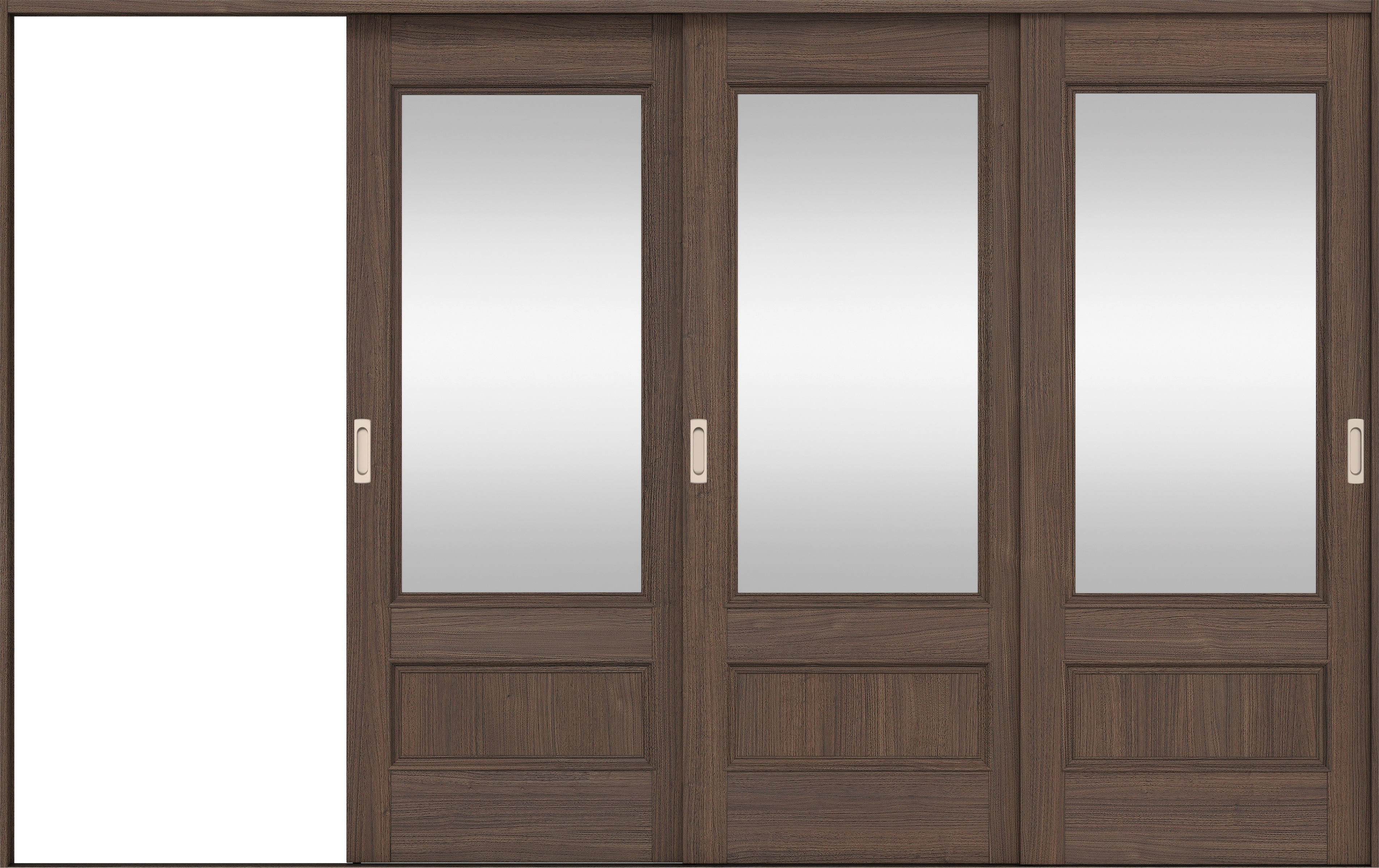 リビングドア　イエリア　引戸・３枚片引　扉セット　Ｍ２デザイン　３２２９幅用　２０００高　〈ダルブラウン柄〉　左引用　錠なし　ラクラクローズ付