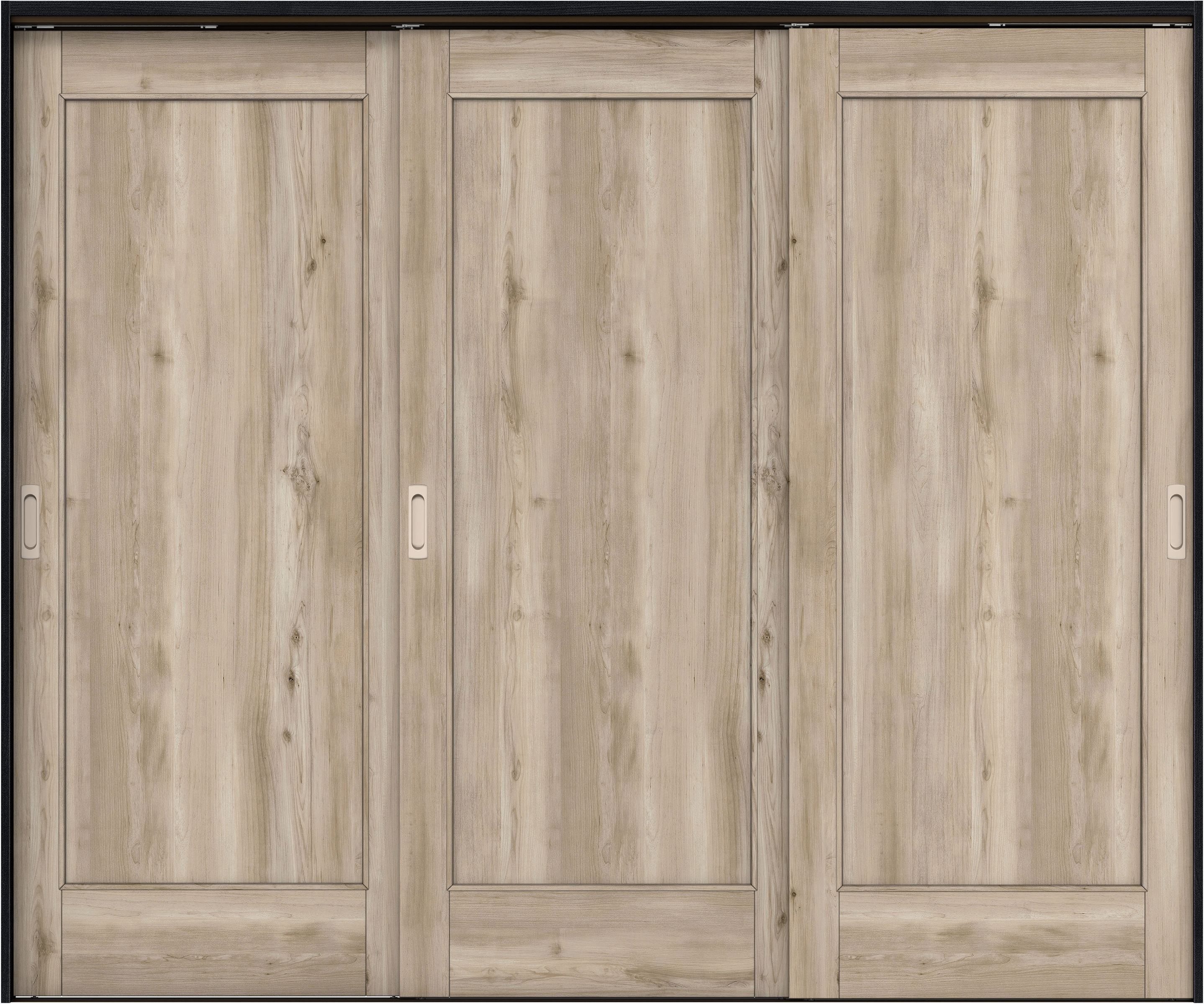 リビングドア　イエリア　吊戸・３枚引違　扉セット　０１デザイン　２４３７幅用　２０００高　〈スモークグレー柄〉　左右兼用　錠なし　ラクラクローズ付用